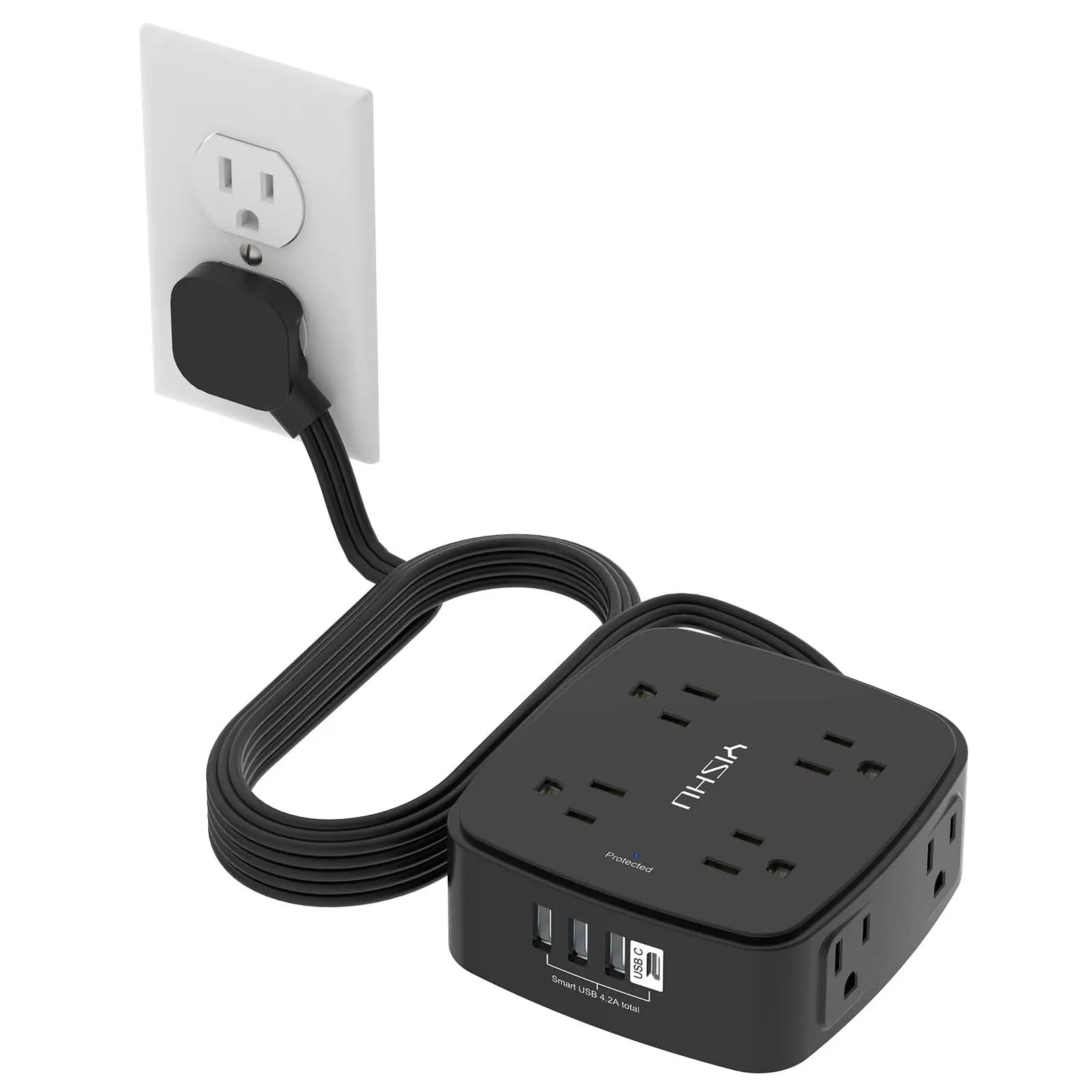 6 Ft Surge Protector Power Strip - 8 Widely Outlets with 4 USB Ports, 3 Side Outlet Extender with 6 Feet Extension Cord, Flat Plug, Wall Mount, Desk USB Charging Station, ETL,White Voltique