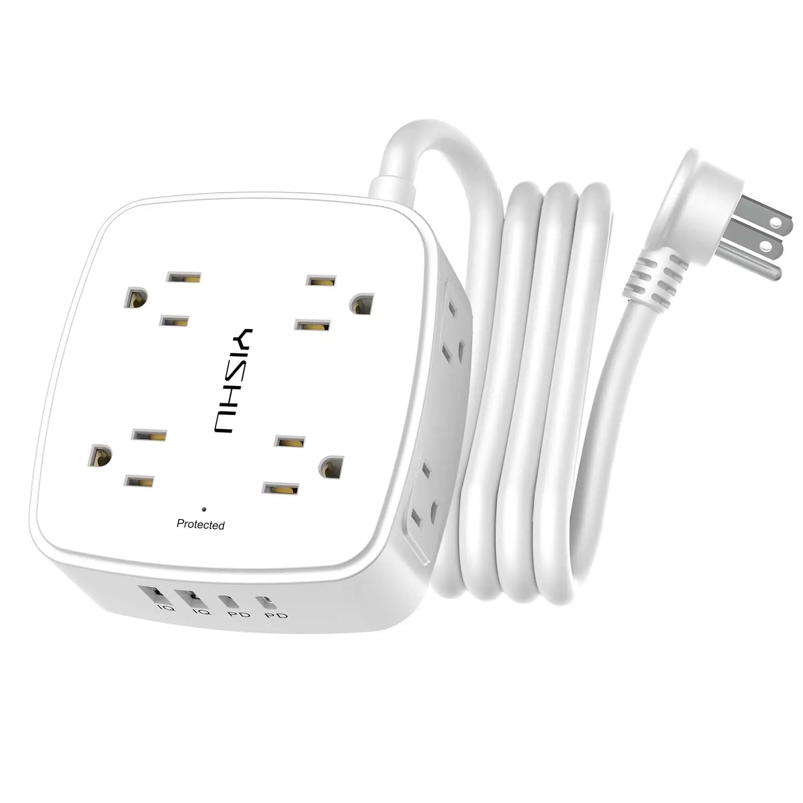 6 Ft Surge Protector Power Strip - 8 Widely Outlets with 4 USB Ports, 3 Side Outlet Extender with 6 Feet Extension Cord, Flat Plug, Wall Mount, Desk USB Charging Station, ETL,White Voltique
