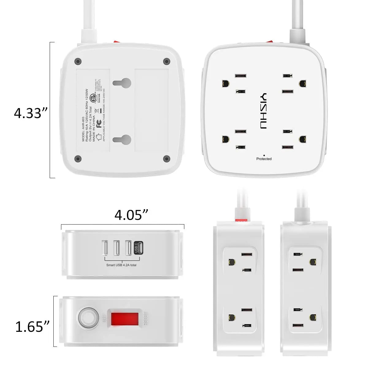 6 Ft Surge Protector Power Strip - 8 Widely Outlets with 4 USB Ports, 3 Side Outlet Extender with 6 Feet Extension Cord, Flat Plug, Wall Mount, Desk USB Charging Station, ETL,White Voltique