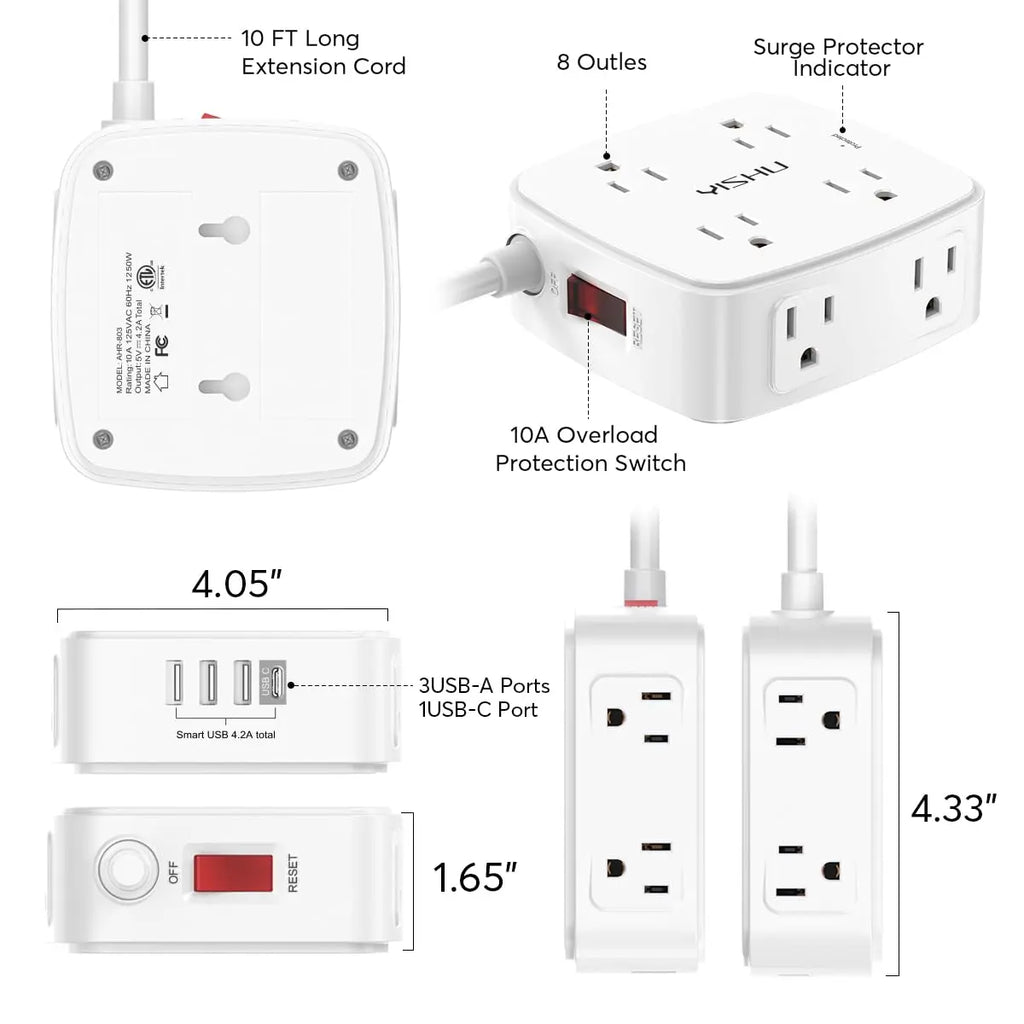 6 Ft Surge Protector Power Strip - 8 Widely Outlets with 4 USB Ports, 3 Side Outlet Extender with 6 Feet Extension Cord, Flat Plug, Wall Mount, Desk USB Charging Station, ETL,White Voltique