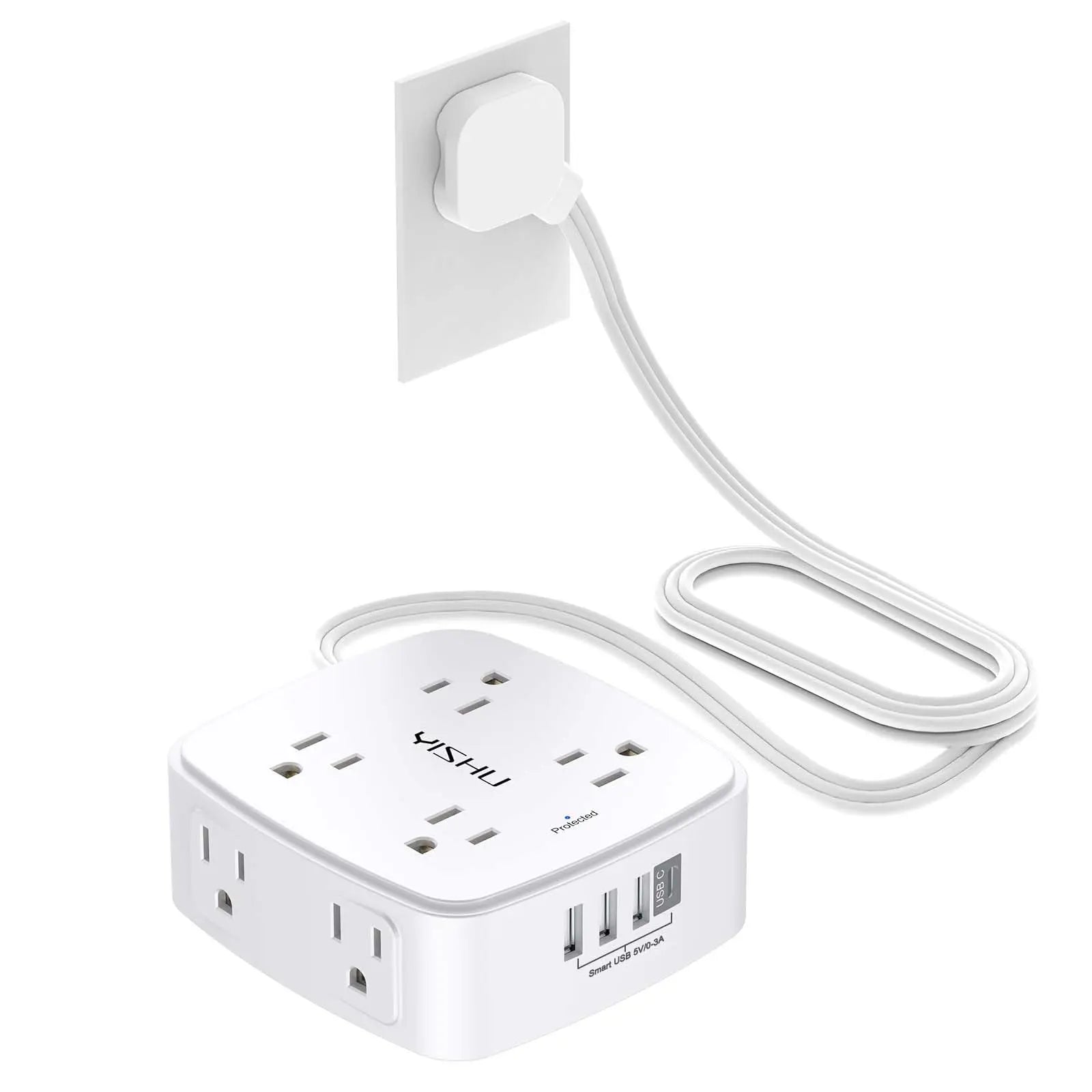 6 Ft Surge Protector Power Strip - 8 Widely Outlets with 4 USB Ports, 3 Side Outlet Extender with 6 Feet Extension Cord, Flat Plug, Wall Mount, Desk USB Charging Station, ETL,White Voltique