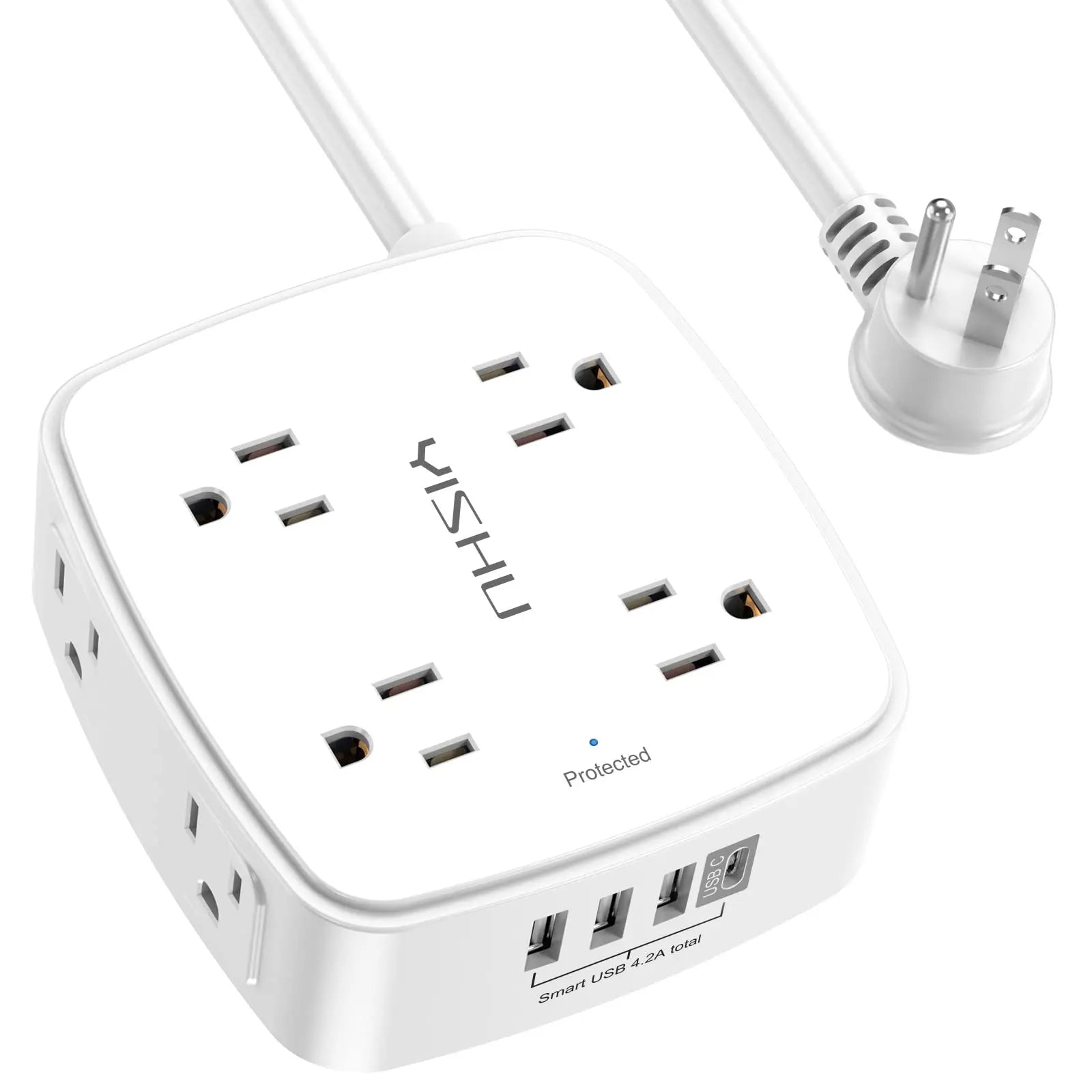 6 Ft Surge Protector Power Strip - 8 Widely Outlets with 4 USB Ports, 3 Side Outlet Extender with 6 Feet Extension Cord, Flat Plug, Wall Mount, Desk USB Charging Station, ETL,White Voltique