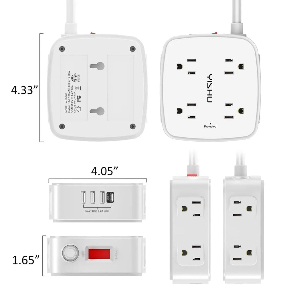 6 Ft Surge Protector Power Strip - 8 Widely Outlets with 4 USB Ports, 3 Side Outlet Extender with 6 Feet Extension Cord, Flat Plug, Wall Mount, Desk USB Charging Station, ETL,White Voltique