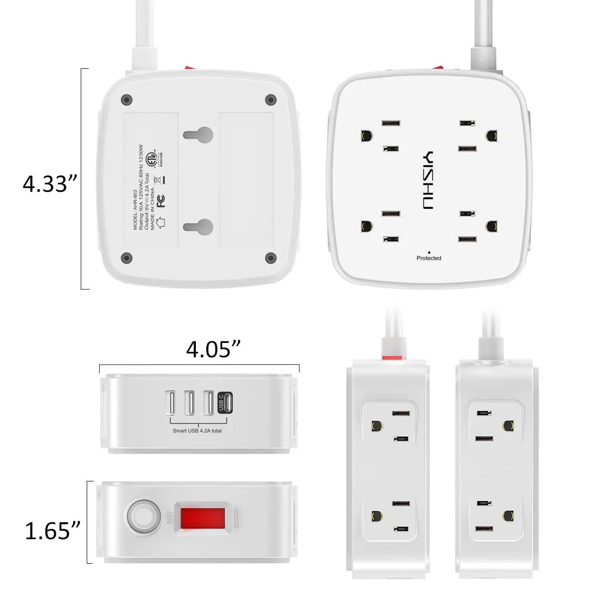 6 Ft Surge Protector Power Strip - 8 Widely Outlets with 4 USB Ports, 3 Side Outlet Extender with 6 Feet Extension Cord, Flat Plug, Wall Mount, Desk USB Charging Station, ETL,White Voltique