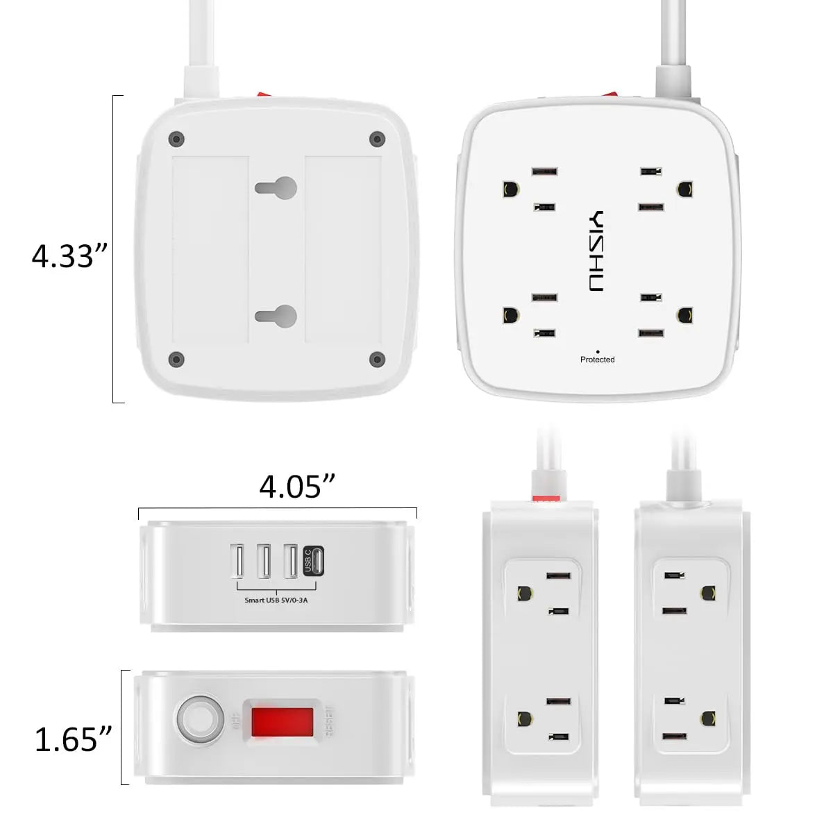 6 Ft Surge Protector Power Strip - 8 Widely Outlets with 4 USB Ports, 3 Side Outlet Extender with 6 Feet Extension Cord, Flat Plug, Wall Mount, Desk USB Charging Station, ETL,White Voltique