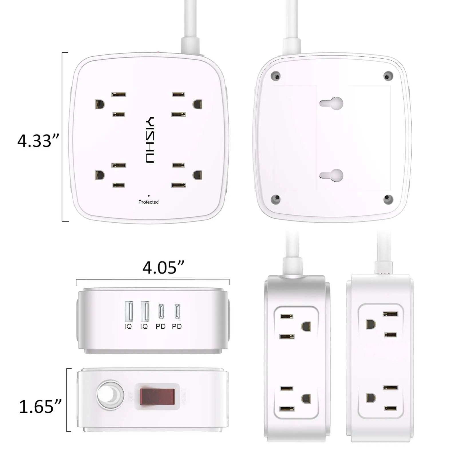 6 Ft Surge Protector Power Strip - 8 Widely Outlets with 4 USB Ports, 3 Side Outlet Extender with 6 Feet Extension Cord, Flat Plug, Wall Mount, Desk USB Charging Station, ETL,White Voltique