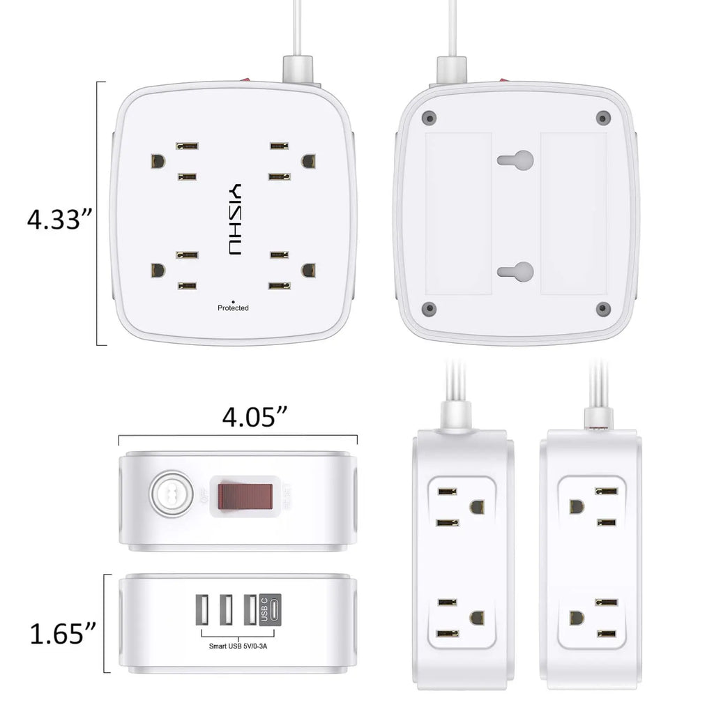 6 Ft Surge Protector Power Strip - 8 Widely Outlets with 4 USB Ports, 3 Side Outlet Extender with 6 Feet Extension Cord, Flat Plug, Wall Mount, Desk USB Charging Station, ETL,White Voltique