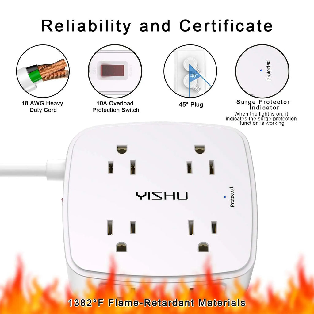 6 Ft Surge Protector Power Strip - 8 Widely Outlets with 4 USB Ports, 3 Side Outlet Extender with 6 Feet Extension Cord, Flat Plug, Wall Mount, Desk USB Charging Station, ETL,White Voltique