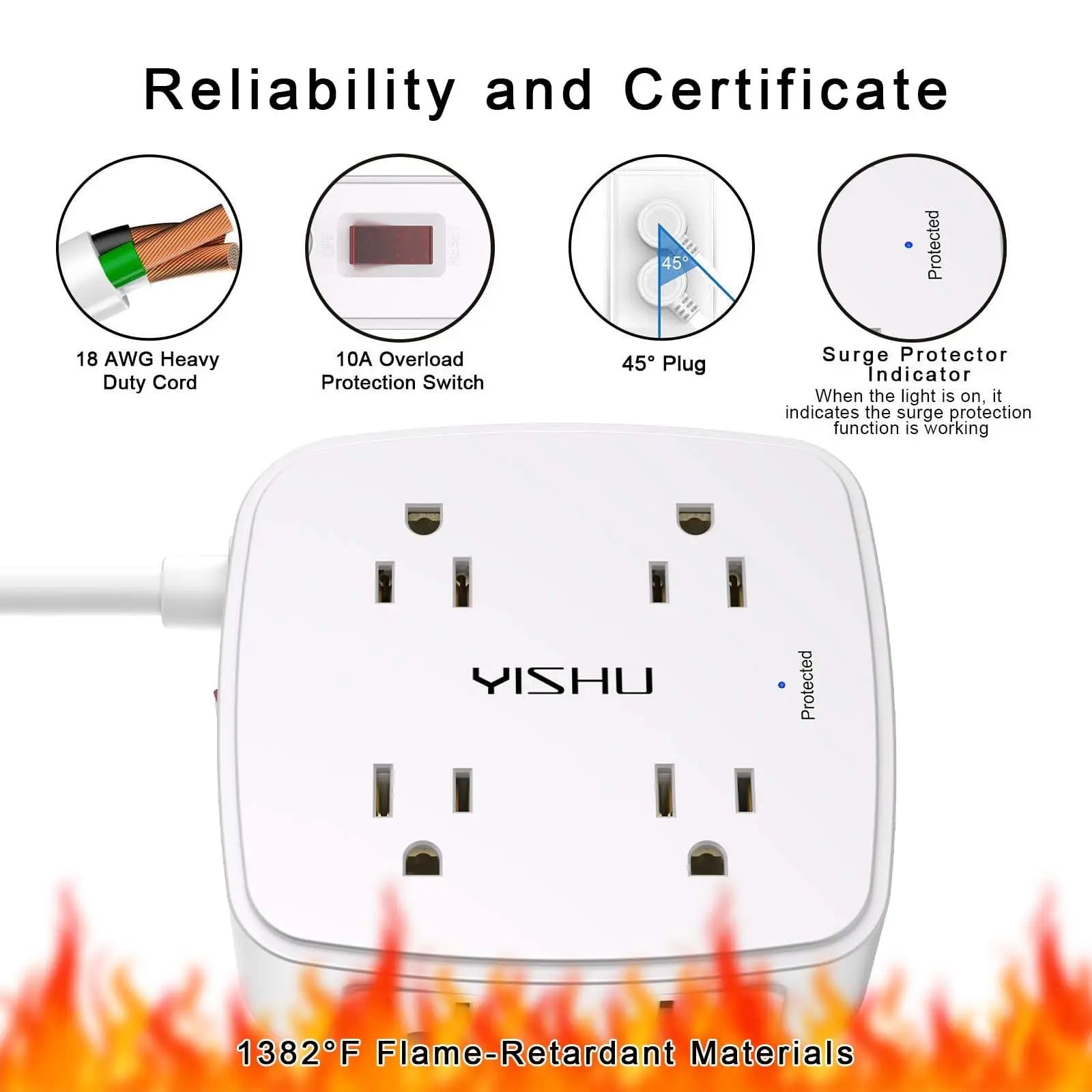 6 Ft Surge Protector Power Strip - 8 Widely Outlets with 4 USB Ports, 3 Side Outlet Extender with 6 Feet Extension Cord, Flat Plug, Wall Mount, Desk USB Charging Station, ETL,White Voltique