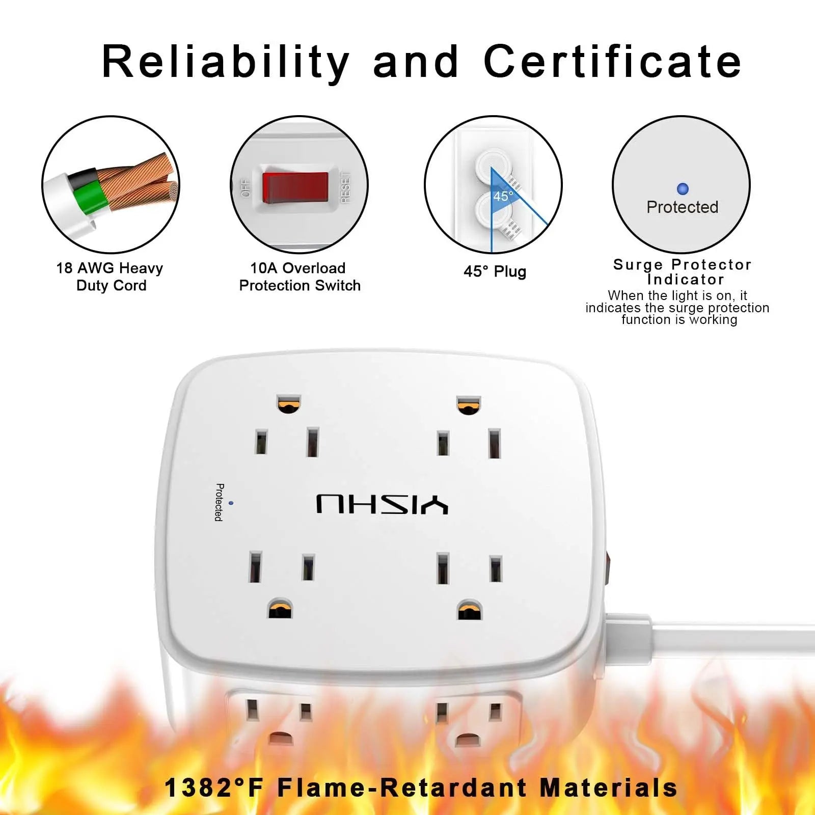 6 Ft Surge Protector Power Strip - 8 Widely Outlets with 4 USB Ports, 3 Side Outlet Extender with 6 Feet Extension Cord, Flat Plug, Wall Mount, Desk USB Charging Station, ETL,White Voltique