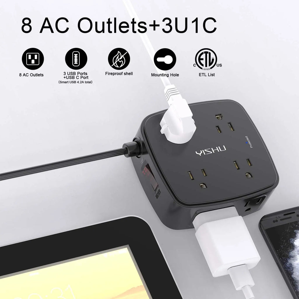 6 Ft Surge Protector Power Strip - 8 Widely Outlets with 4 USB Ports, 3 Side Outlet Extender with 6 Feet Extension Cord, Flat Plug, Wall Mount, Desk USB Charging Station, ETL,White Voltique