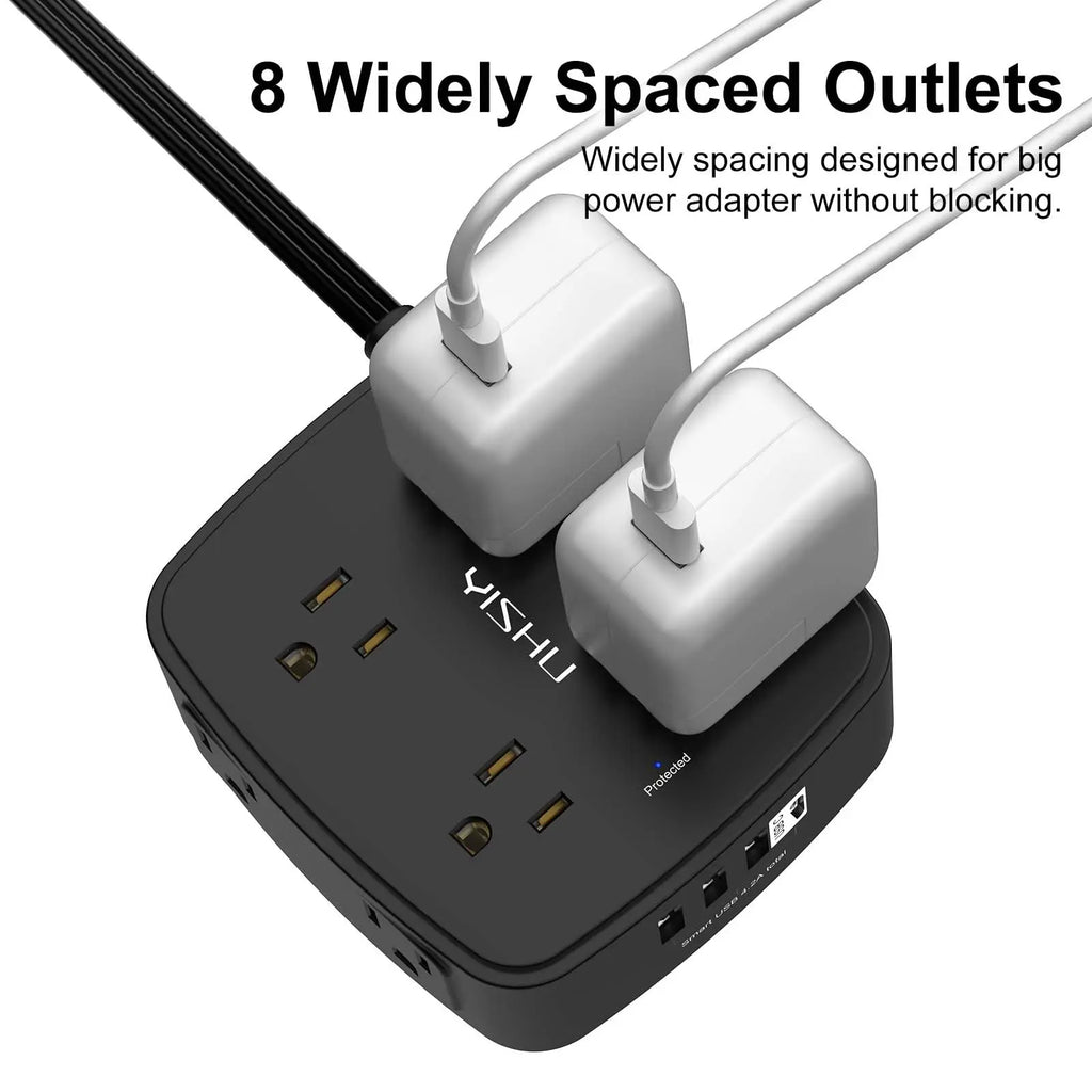 6 Ft Surge Protector Power Strip - 8 Widely Outlets with 4 USB Ports, 3 Side Outlet Extender with 6 Feet Extension Cord, Flat Plug, Wall Mount, Desk USB Charging Station, ETL,White Voltique