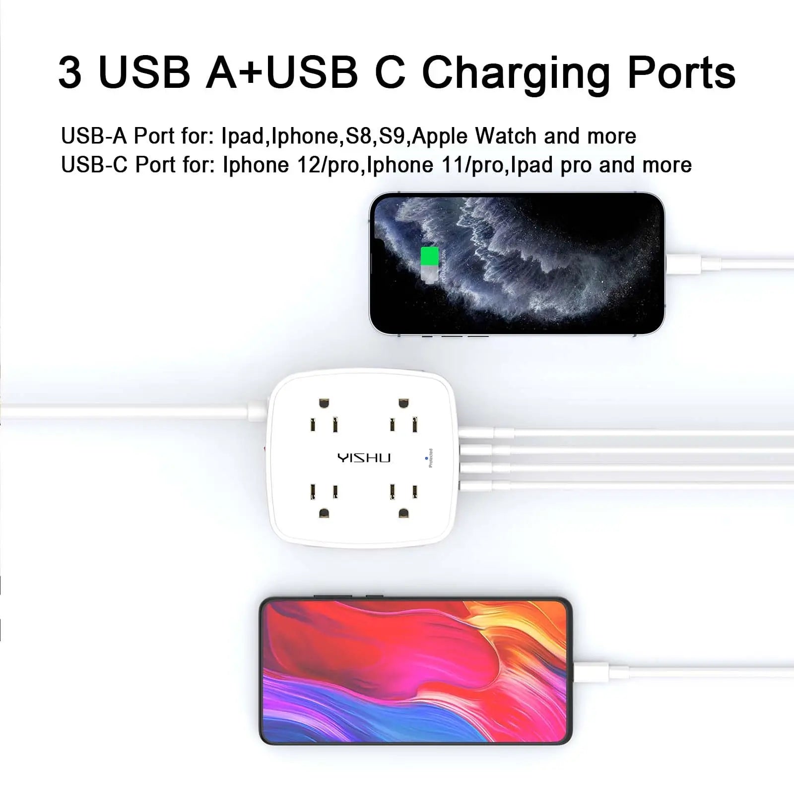 6 Ft Surge Protector Power Strip - 8 Widely Outlets with 4 USB Ports, 3 Side Outlet Extender with 6 Feet Extension Cord, Flat Plug, Wall Mount, Desk USB Charging Station, ETL,White Voltique