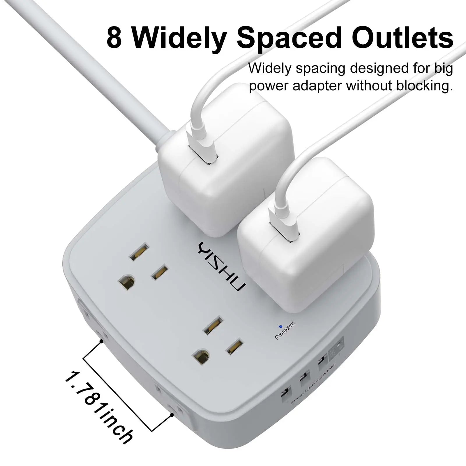 6 Ft Surge Protector Power Strip - 8 Widely Outlets with 4 USB Ports, 3 Side Outlet Extender with 6 Feet Extension Cord, Flat Plug, Wall Mount, Desk USB Charging Station, ETL,White Voltique