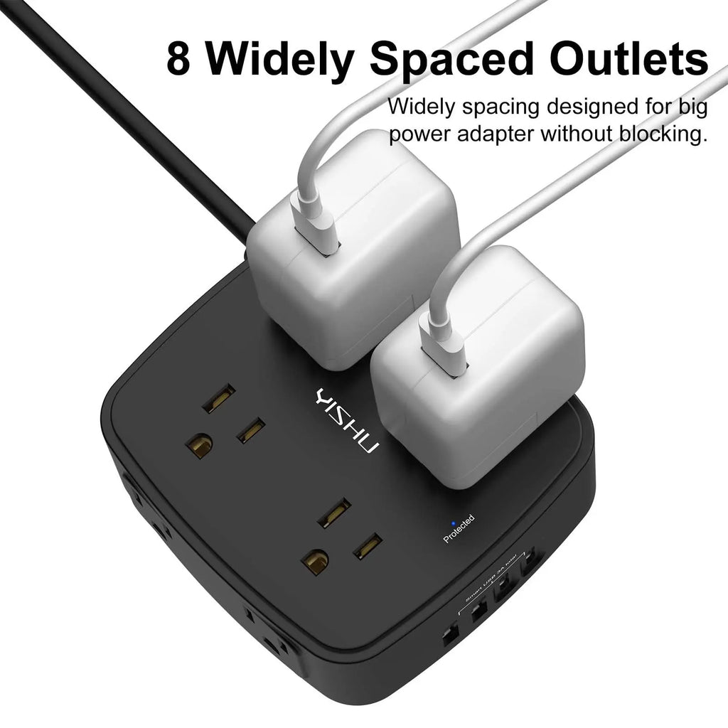 6 Ft Surge Protector Power Strip - 8 Widely Outlets with 4 USB Ports, 3 Side Outlet Extender with 6 Feet Extension Cord, Flat Plug, Wall Mount, Desk USB Charging Station, ETL,White Voltique