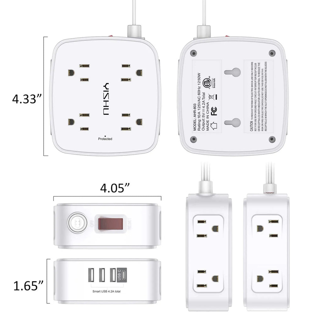 6 Ft Surge Protector Power Strip - 8 Widely Outlets with 4 USB Ports, 3 Side Outlet Extender with 6 Feet Extension Cord, Flat Plug, Wall Mount, Desk USB Charging Station, ETL,White Voltique