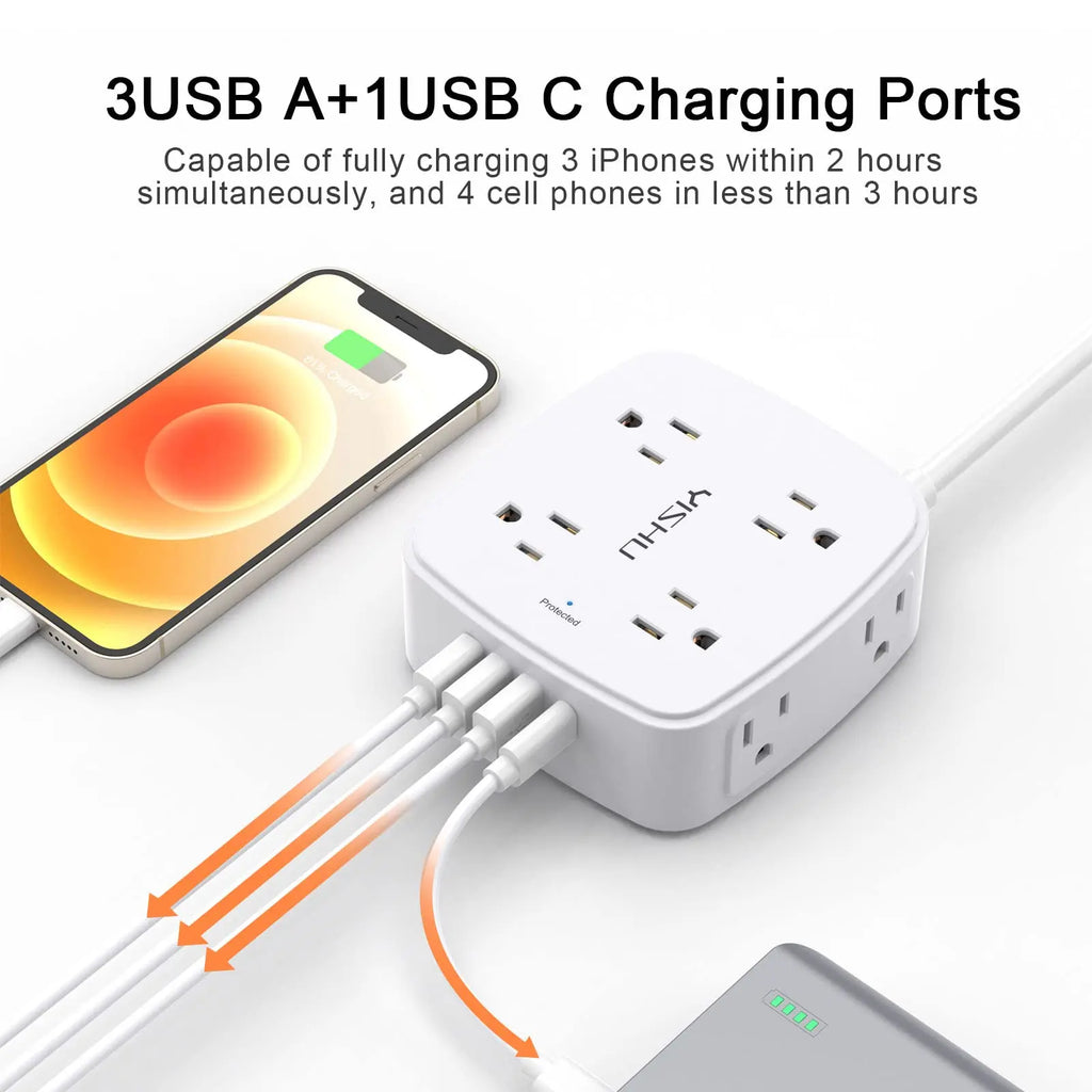 6 Ft Surge Protector Power Strip - 8 Widely Outlets with 4 USB Ports, 3 Side Outlet Extender with 6 Feet Extension Cord, Flat Plug, Wall Mount, Desk USB Charging Station, ETL,White Voltique