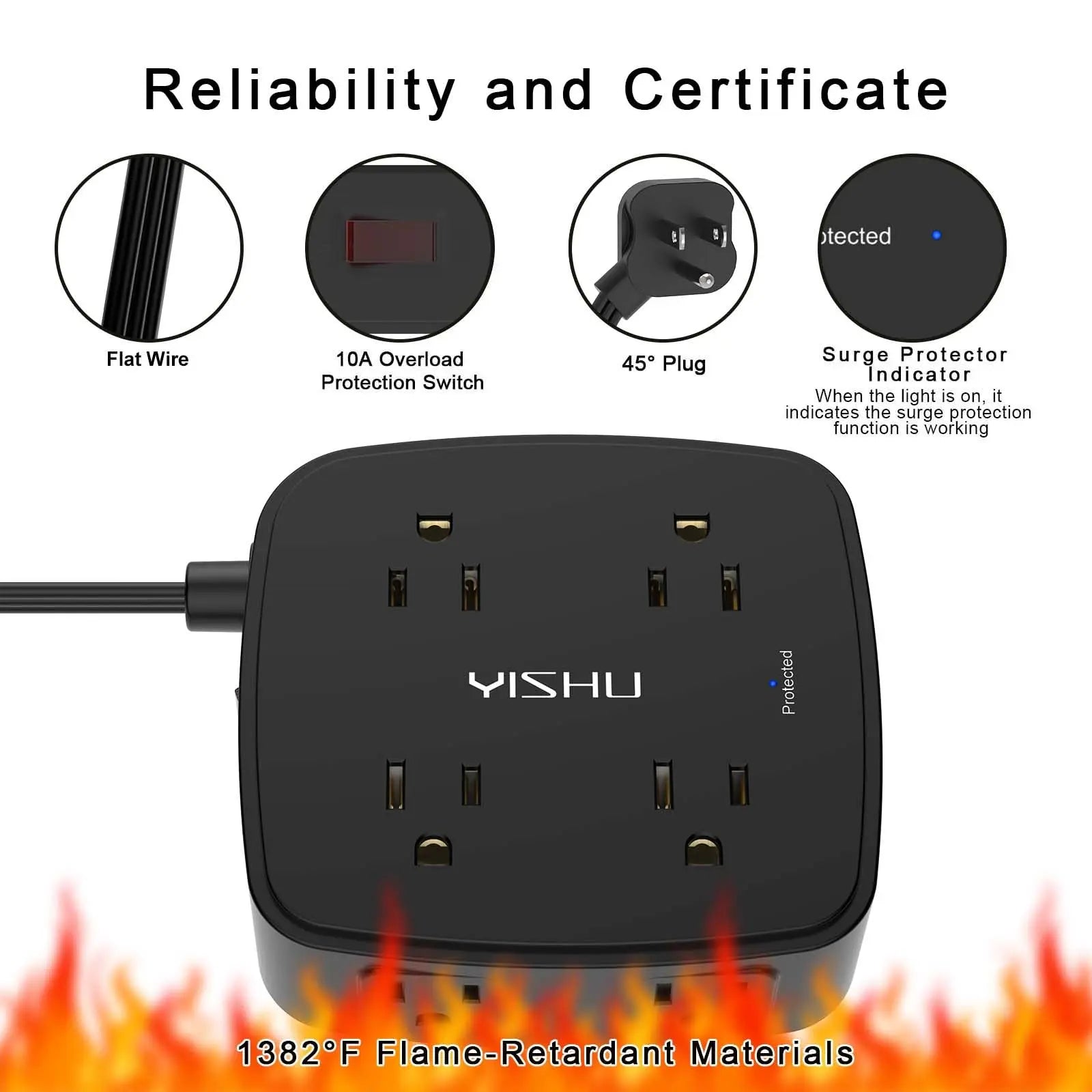 6 Ft Surge Protector Power Strip - 8 Widely Outlets with 4 USB Ports, 3 Side Outlet Extender with 6 Feet Extension Cord, Flat Plug, Wall Mount, Desk USB Charging Station, ETL,White Voltique