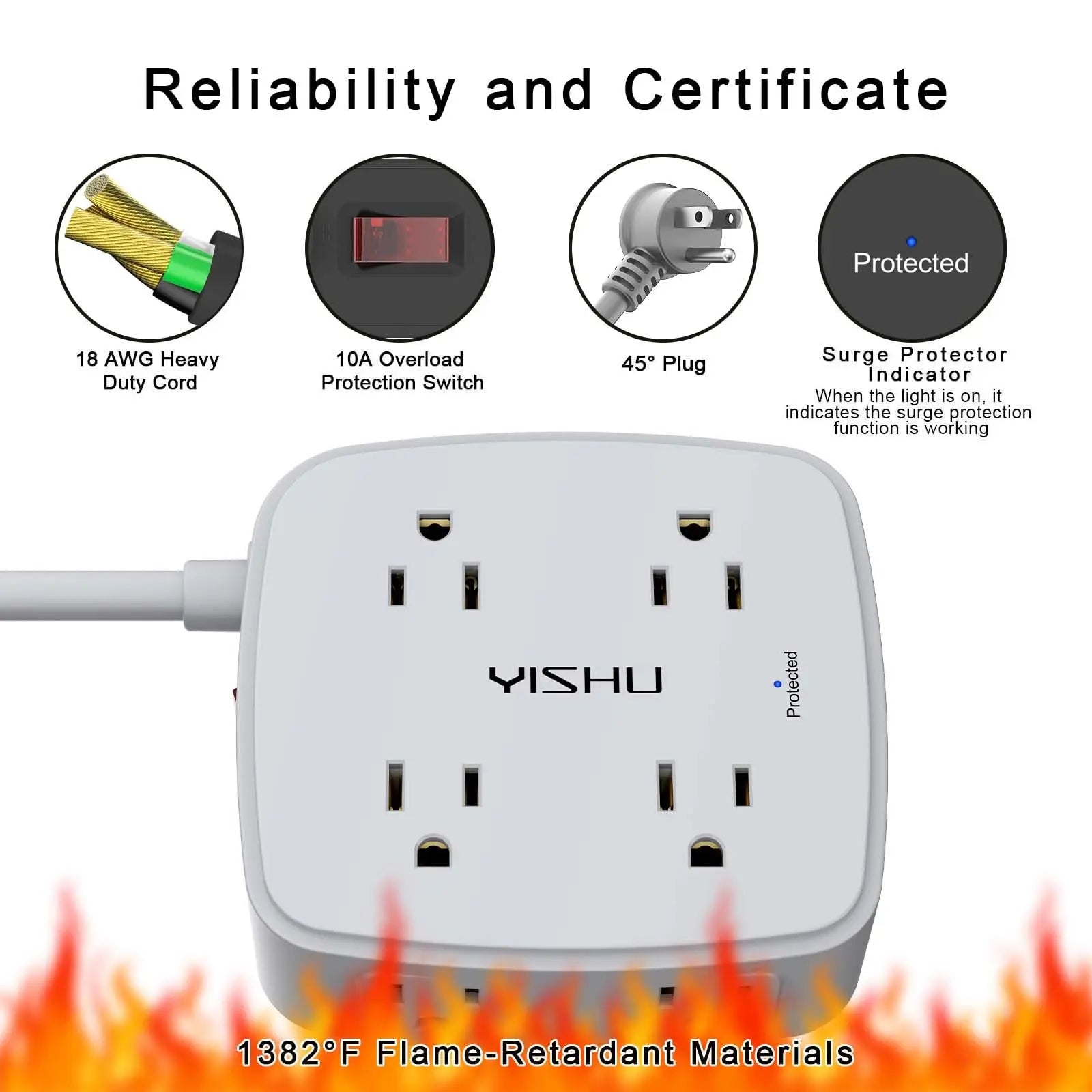 6 Ft Surge Protector Power Strip - 8 Widely Outlets with 4 USB Ports, 3 Side Outlet Extender with 6 Feet Extension Cord, Flat Plug, Wall Mount, Desk USB Charging Station, ETL,White Voltique