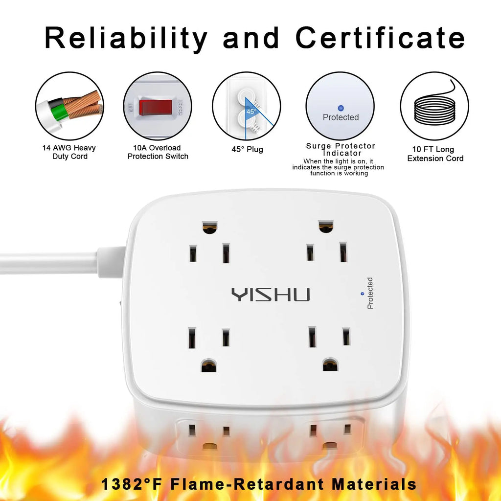 6 Ft Surge Protector Power Strip - 8 Widely Outlets with 4 USB Ports, 3 Side Outlet Extender with 6 Feet Extension Cord, Flat Plug, Wall Mount, Desk USB Charging Station, ETL,White Voltique