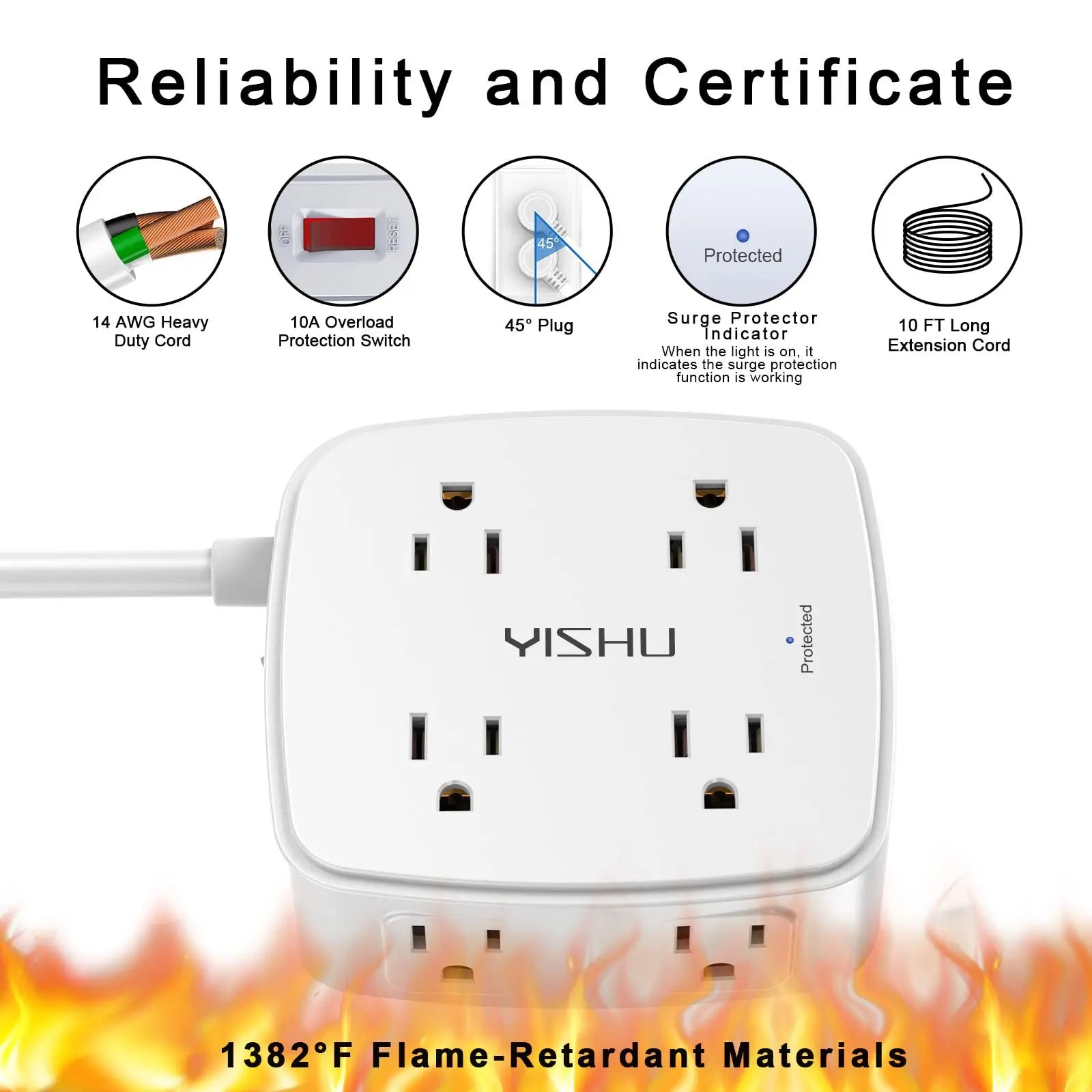 6 Ft Surge Protector Power Strip - 8 Widely Outlets with 4 USB Ports, 3 Side Outlet Extender with 6 Feet Extension Cord, Flat Plug, Wall Mount, Desk USB Charging Station, ETL,White Voltique