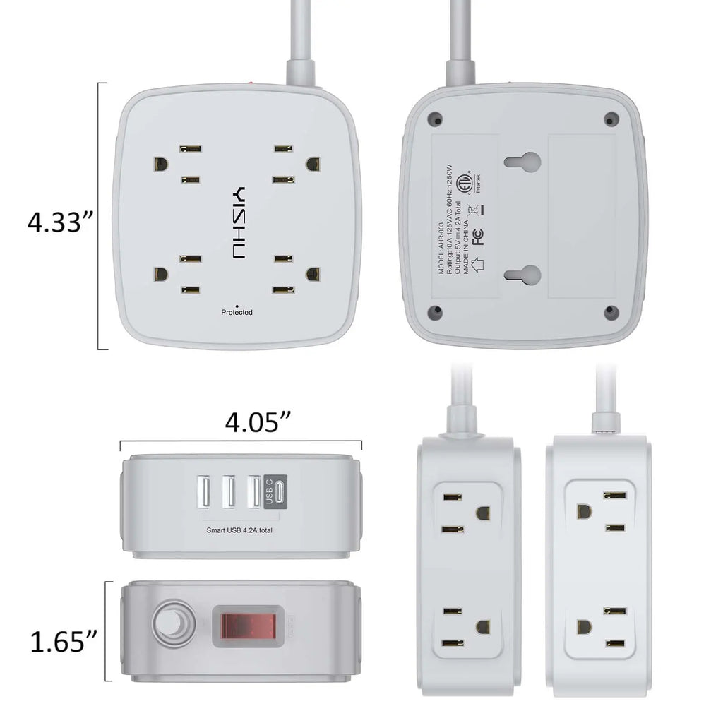 6 Ft Surge Protector Power Strip - 8 Widely Outlets with 4 USB Ports, 3 Side Outlet Extender with 6 Feet Extension Cord, Flat Plug, Wall Mount, Desk USB Charging Station, ETL,White Voltique