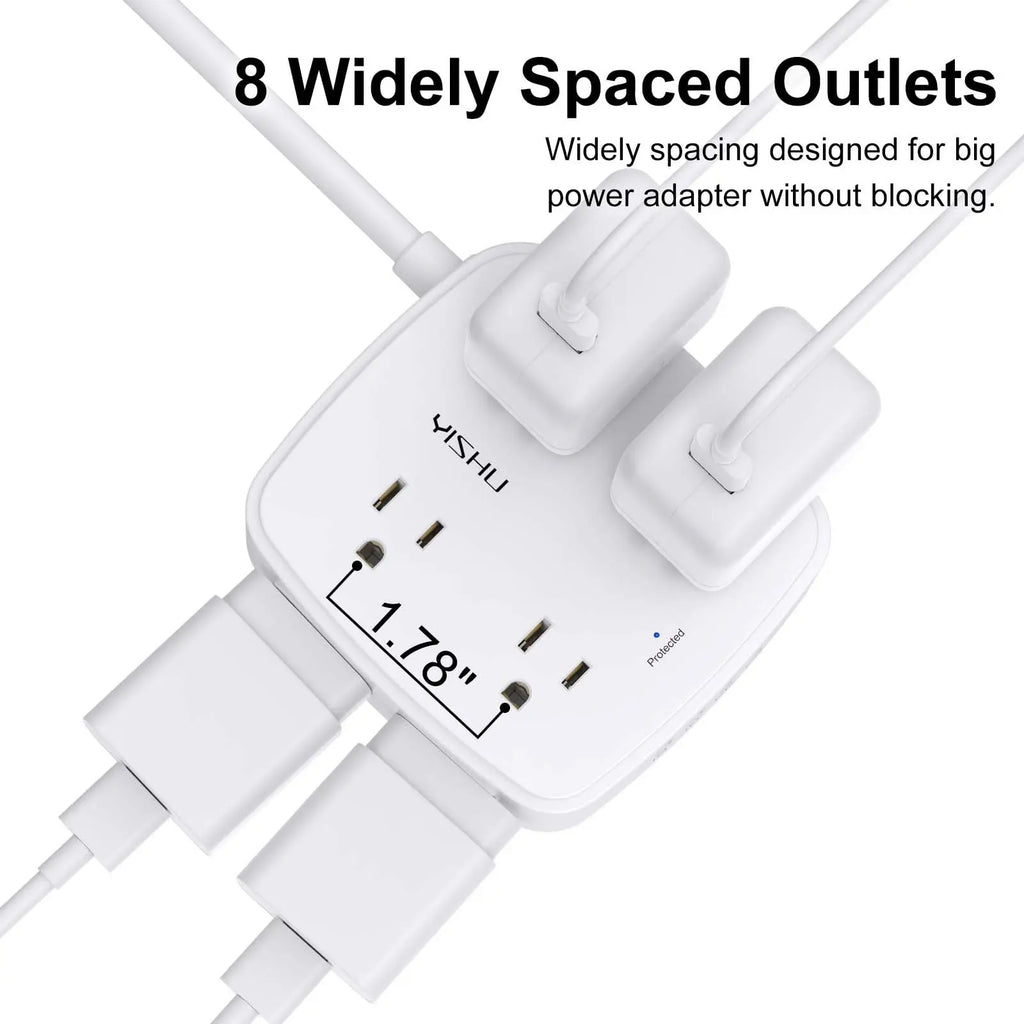 6 Ft Surge Protector Power Strip - 8 Widely Outlets with 4 USB Ports, 3 Side Outlet Extender with 6 Feet Extension Cord, Flat Plug, Wall Mount, Desk USB Charging Station, ETL,White Voltique
