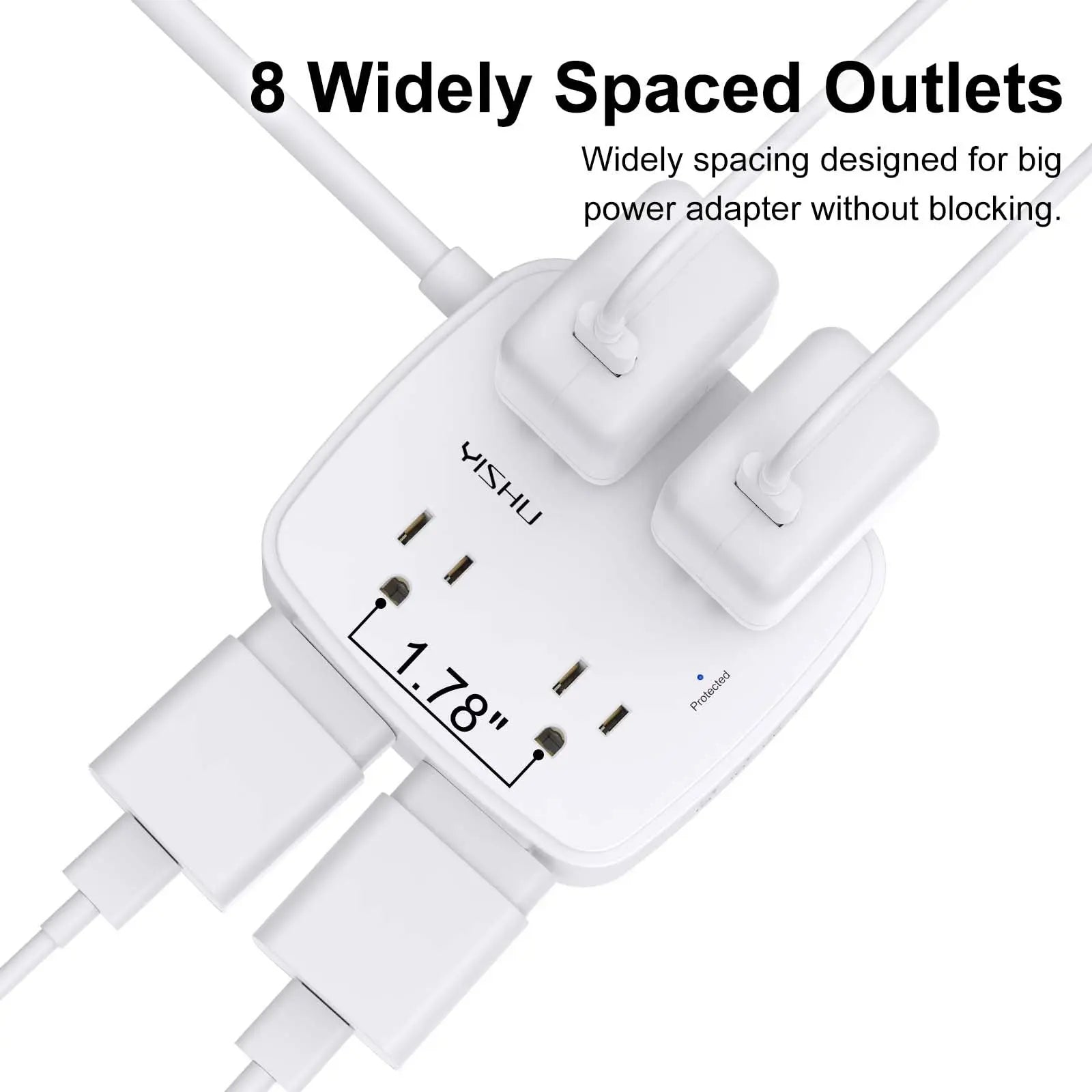 6 Ft Surge Protector Power Strip - 8 Widely Outlets with 4 USB Ports, 3 Side Outlet Extender with 6 Feet Extension Cord, Flat Plug, Wall Mount, Desk USB Charging Station, ETL,White Voltique