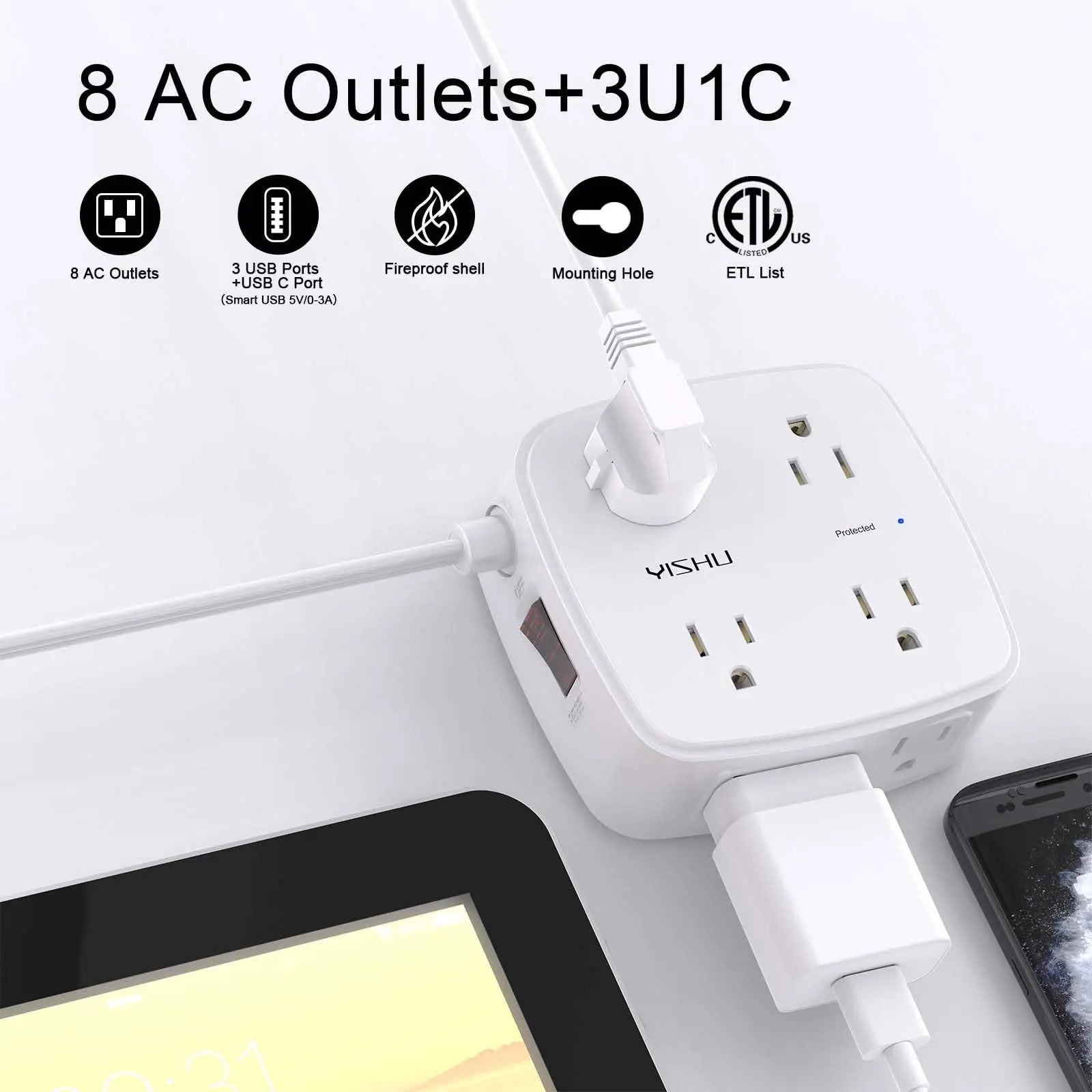 6 Ft Surge Protector Power Strip - 8 Widely Outlets with 4 USB Ports, 3 Side Outlet Extender with 6 Feet Extension Cord, Flat Plug, Wall Mount, Desk USB Charging Station, ETL,White Voltique