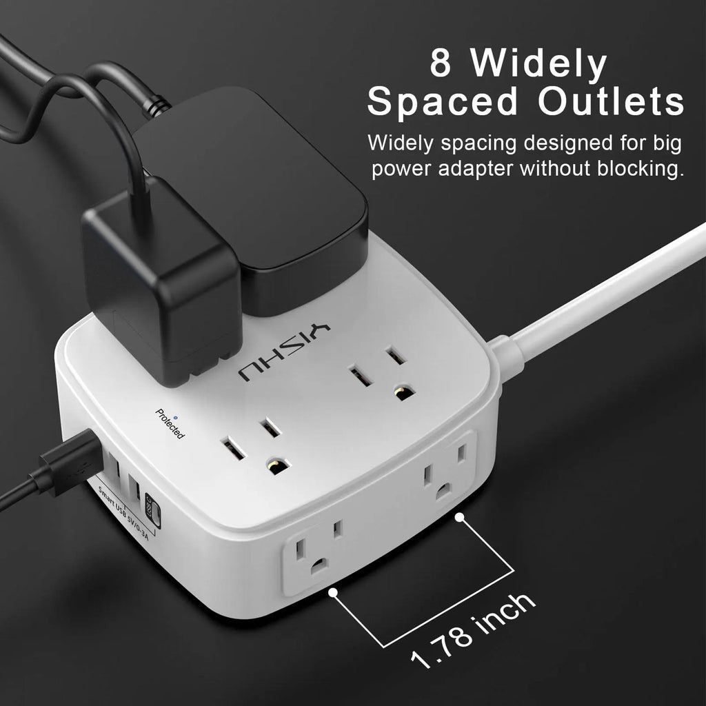6 Ft Surge Protector Power Strip - 8 Widely Outlets with 4 USB Ports, 3 Side Outlet Extender with 6 Feet Extension Cord, Flat Plug, Wall Mount, Desk USB Charging Station, ETL,White Voltique