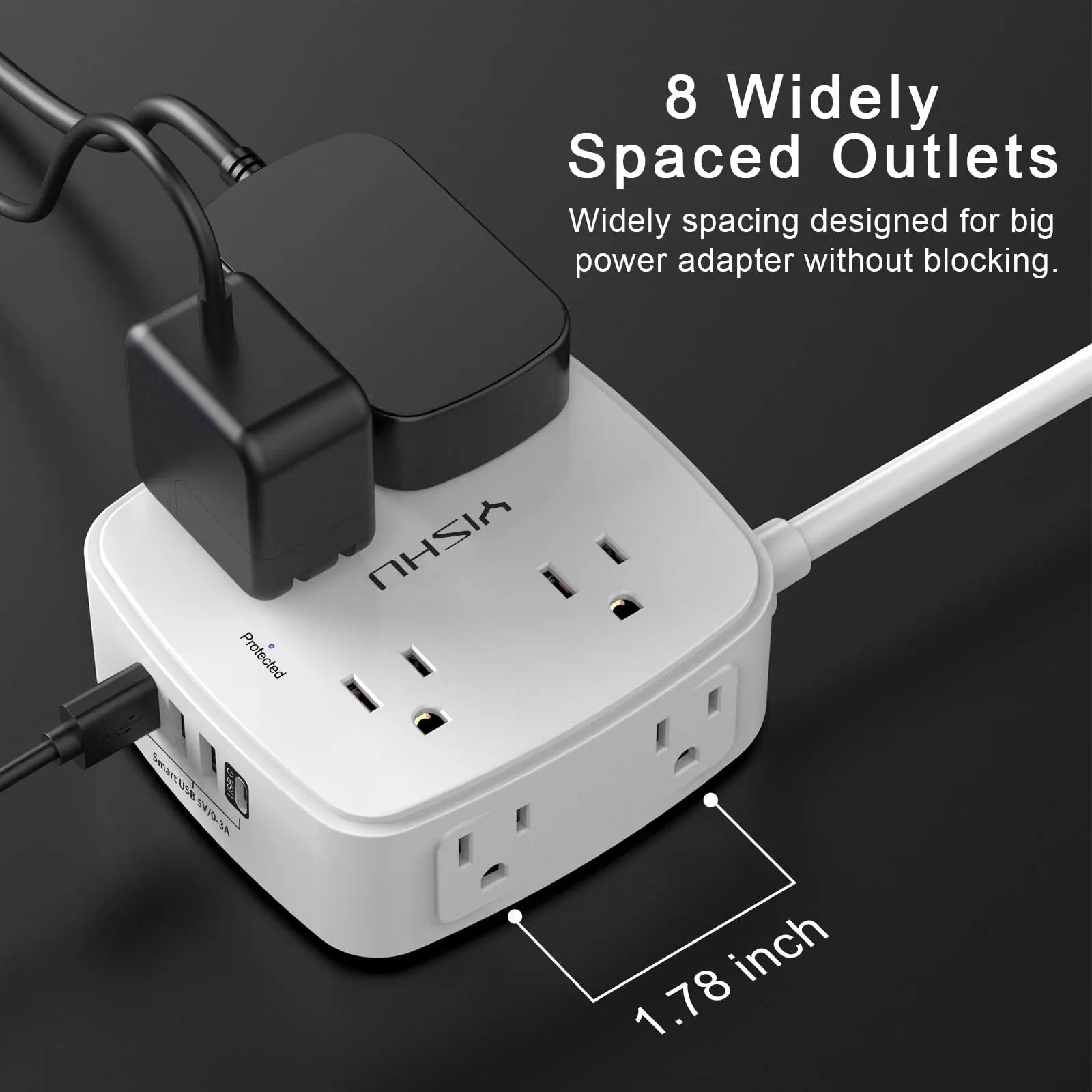 6 Ft Surge Protector Power Strip - 8 Widely Outlets with 4 USB Ports, 3 Side Outlet Extender with 6 Feet Extension Cord, Flat Plug, Wall Mount, Desk USB Charging Station, ETL,White Voltique