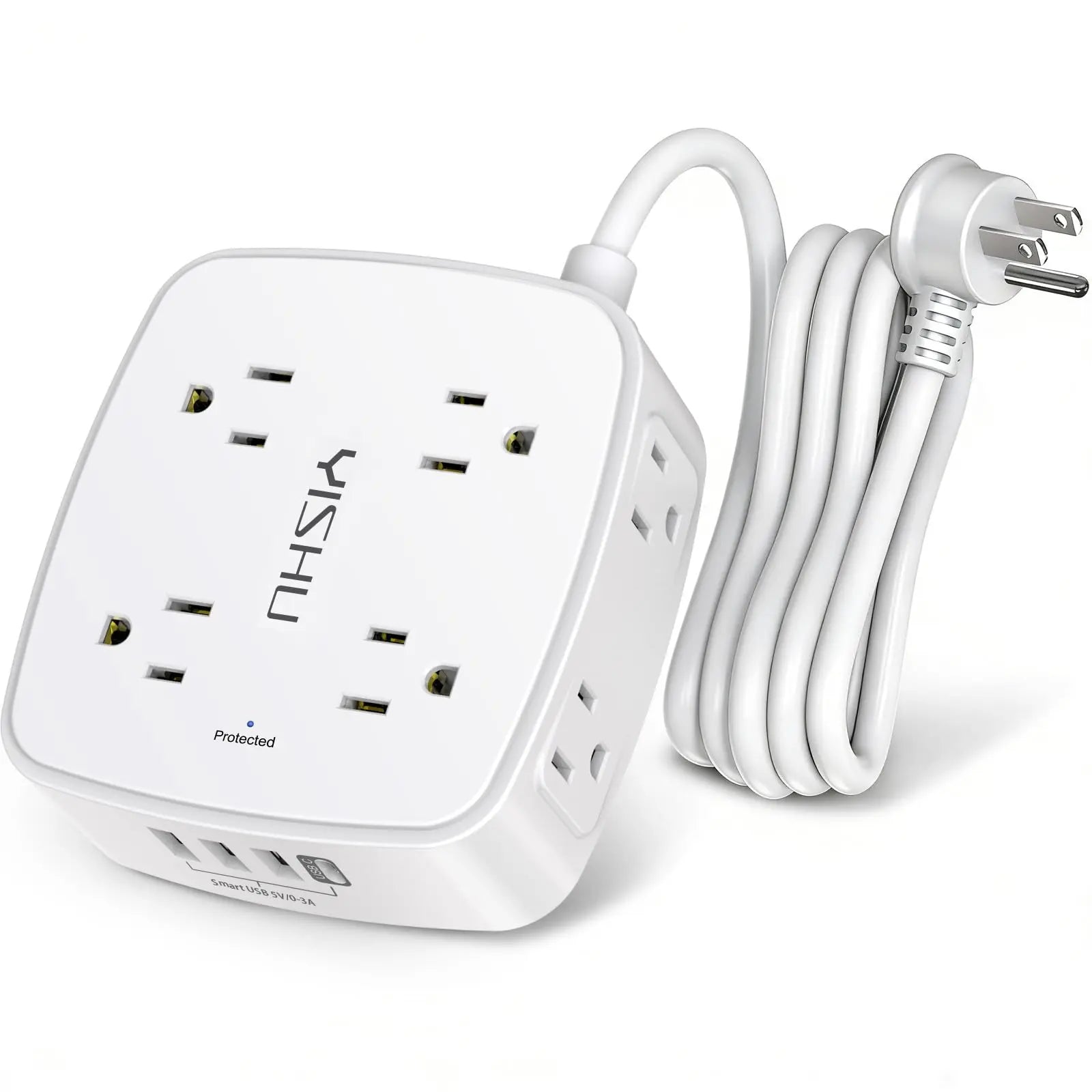 6 Ft Surge Protector Power Strip - 8 Widely Outlets with 4 USB Ports, 3 Side Outlet Extender with 6 Feet Extension Cord, Flat Plug, Wall Mount, Desk USB Charging Station, ETL,White Voltique