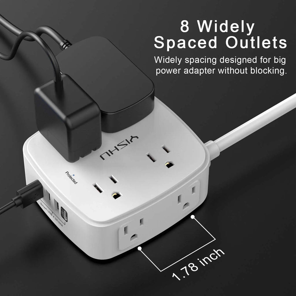 6 Ft Surge Protector Power Strip - 8 Widely Outlets with 4 USB Ports, 3 Side Outlet Extender with 6 Feet Extension Cord, Flat Plug, Wall Mount, Desk USB Charging Station, ETL,White Voltique