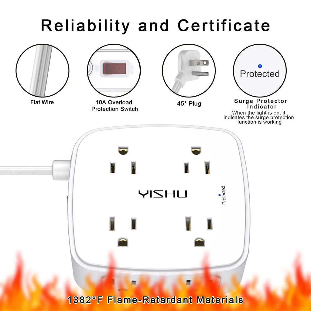 6 Ft Surge Protector Power Strip - 8 Widely Outlets with 4 USB Ports, 3 Side Outlet Extender with 6 Feet Extension Cord, Flat Plug, Wall Mount, Desk USB Charging Station, ETL,White Voltique
