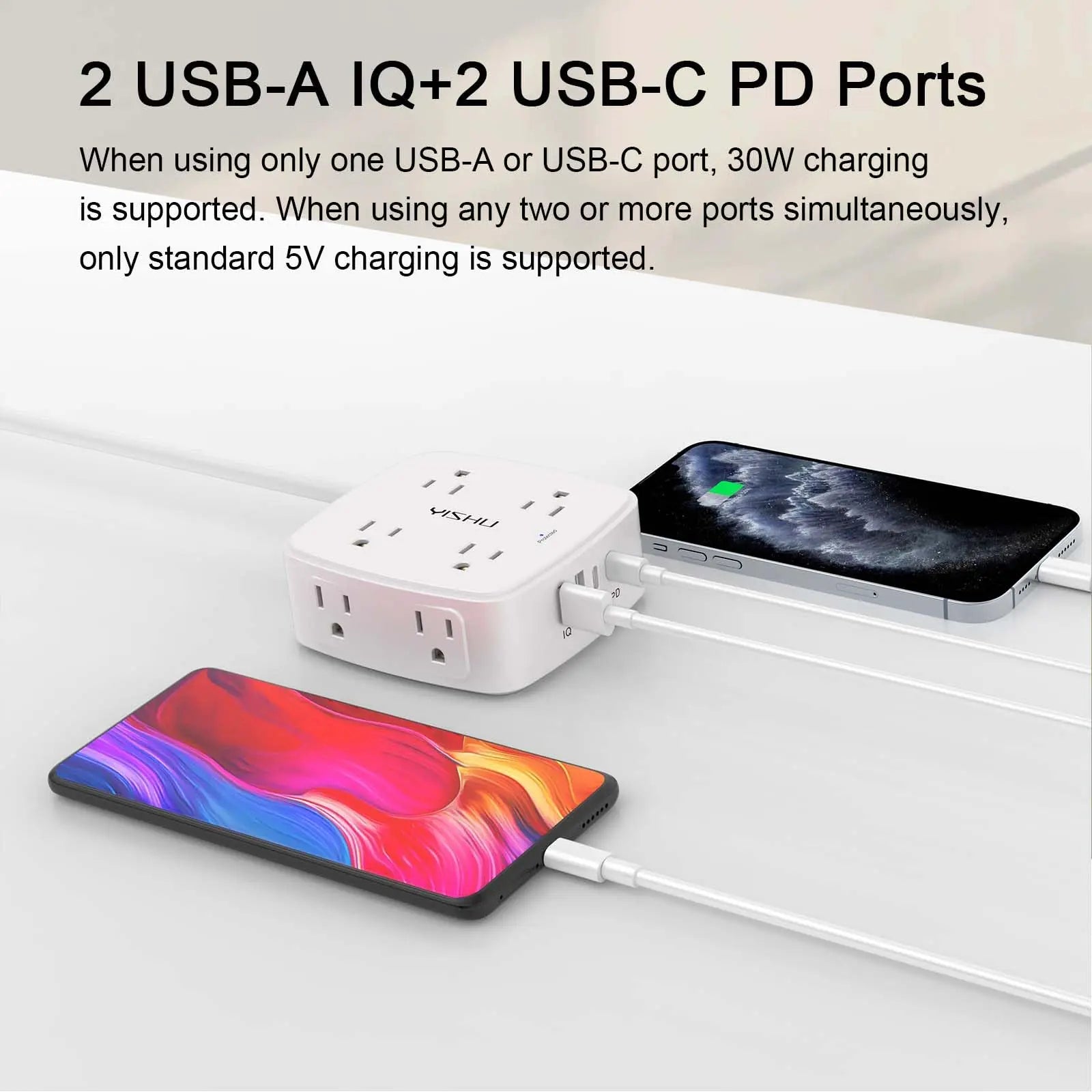 6 Ft Surge Protector Power Strip - 8 Widely Outlets with 4 USB Ports, 3 Side Outlet Extender with 6 Feet Extension Cord, Flat Plug, Wall Mount, Desk USB Charging Station, ETL,White Voltique