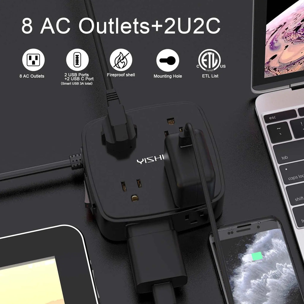 6 Ft Surge Protector Power Strip - 8 Widely Outlets with 4 USB Ports, 3 Side Outlet Extender with 6 Feet Extension Cord, Flat Plug, Wall Mount, Desk USB Charging Station, ETL,White Voltique