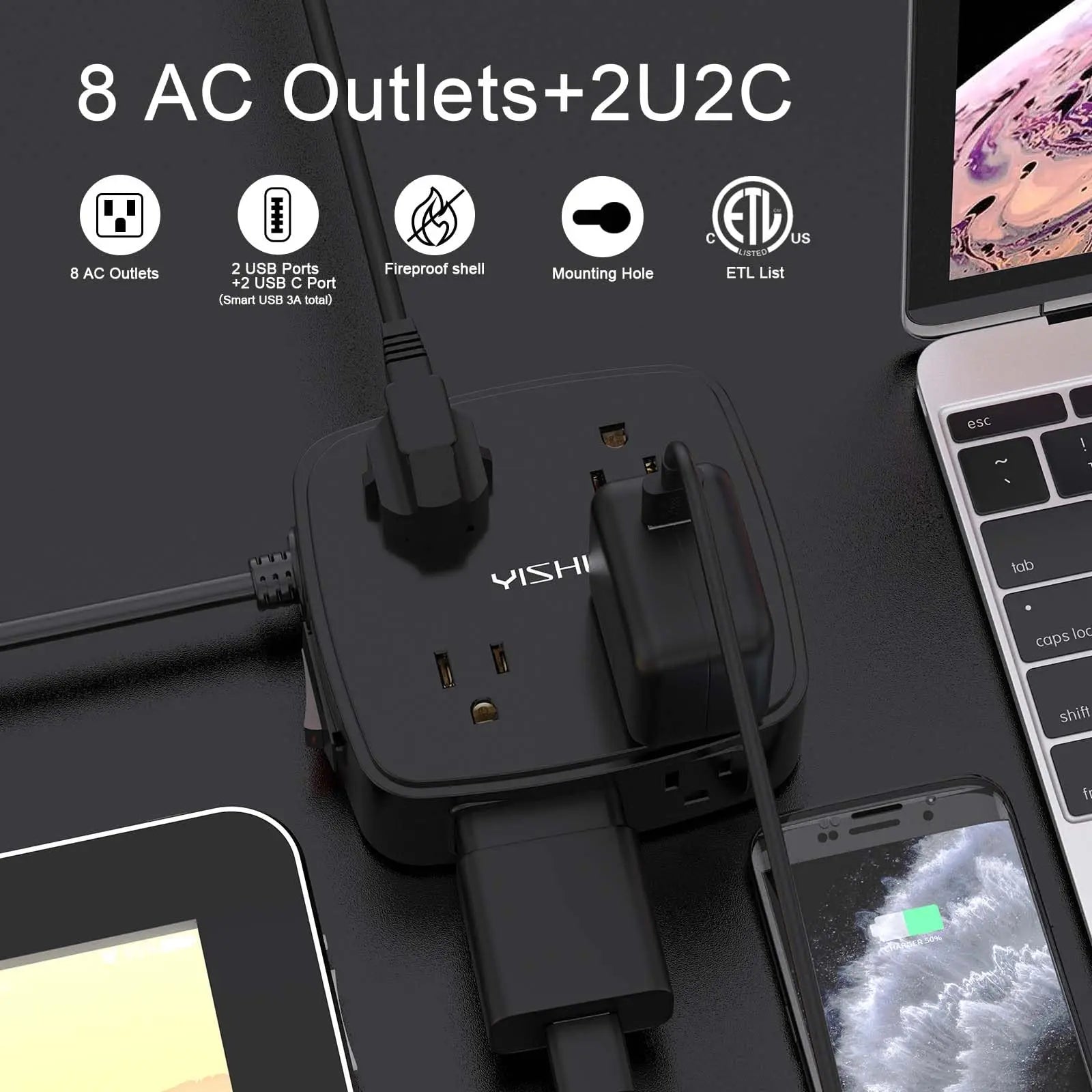 6 Ft Surge Protector Power Strip - 8 Widely Outlets with 4 USB Ports, 3 Side Outlet Extender with 6 Feet Extension Cord, Flat Plug, Wall Mount, Desk USB Charging Station, ETL,White Voltique
