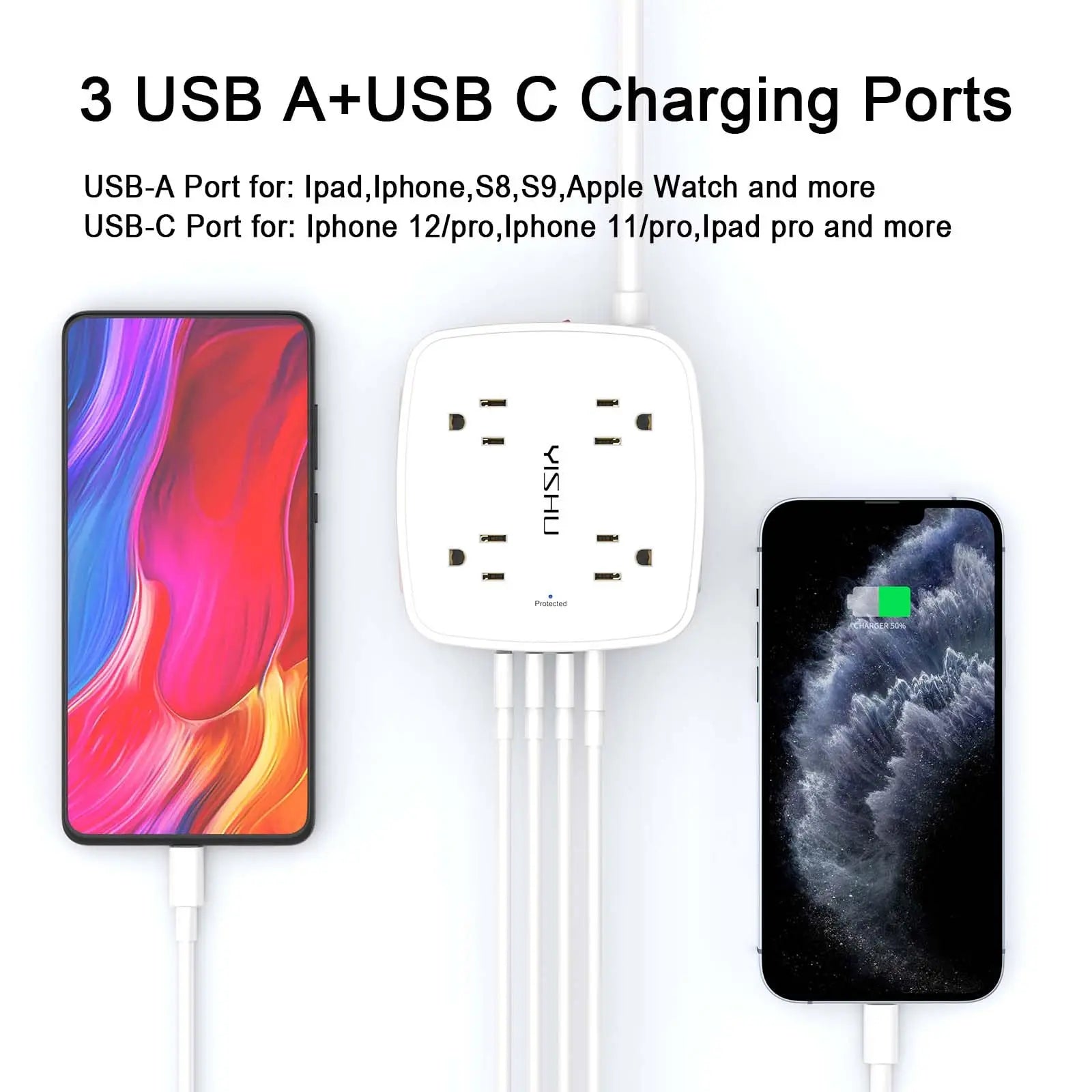 6 Ft Surge Protector Power Strip - 8 Widely Outlets with 4 USB Ports, 3 Side Outlet Extender with 6 Feet Extension Cord, Flat Plug, Wall Mount, Desk USB Charging Station, ETL,White Voltique