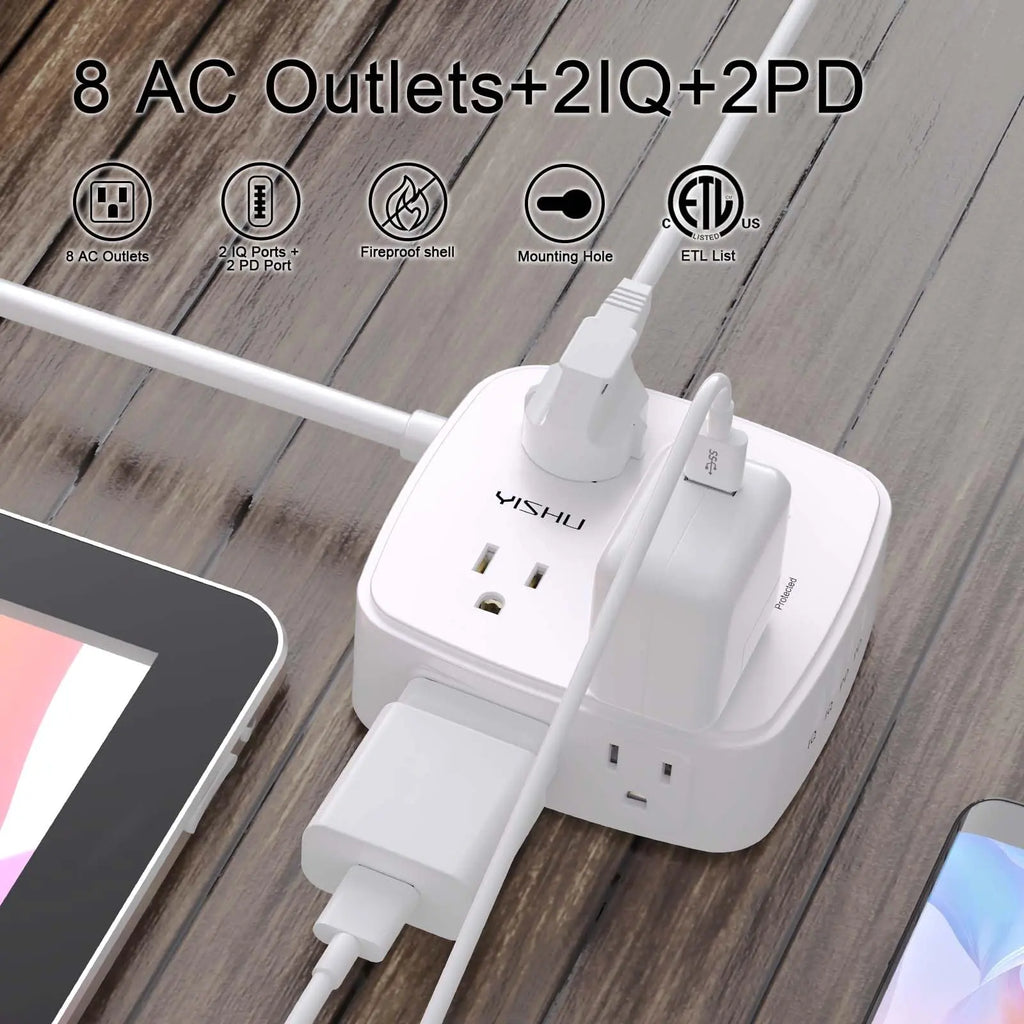 6 Ft Surge Protector Power Strip - 8 Widely Outlets with 4 USB Ports, 3 Side Outlet Extender with 6 Feet Extension Cord, Flat Plug, Wall Mount, Desk USB Charging Station, ETL,White Voltique