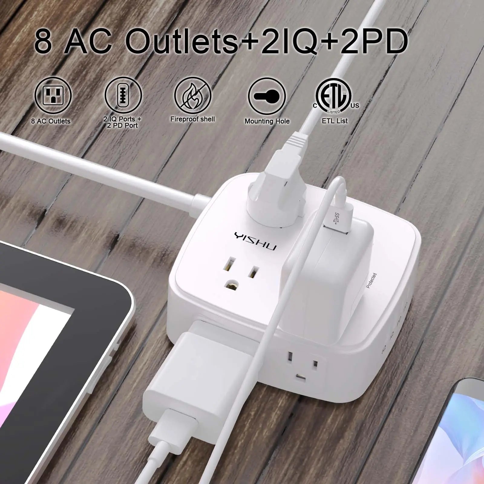 6 Ft Surge Protector Power Strip - 8 Widely Outlets with 4 USB Ports, 3 Side Outlet Extender with 6 Feet Extension Cord, Flat Plug, Wall Mount, Desk USB Charging Station, ETL,White Voltique