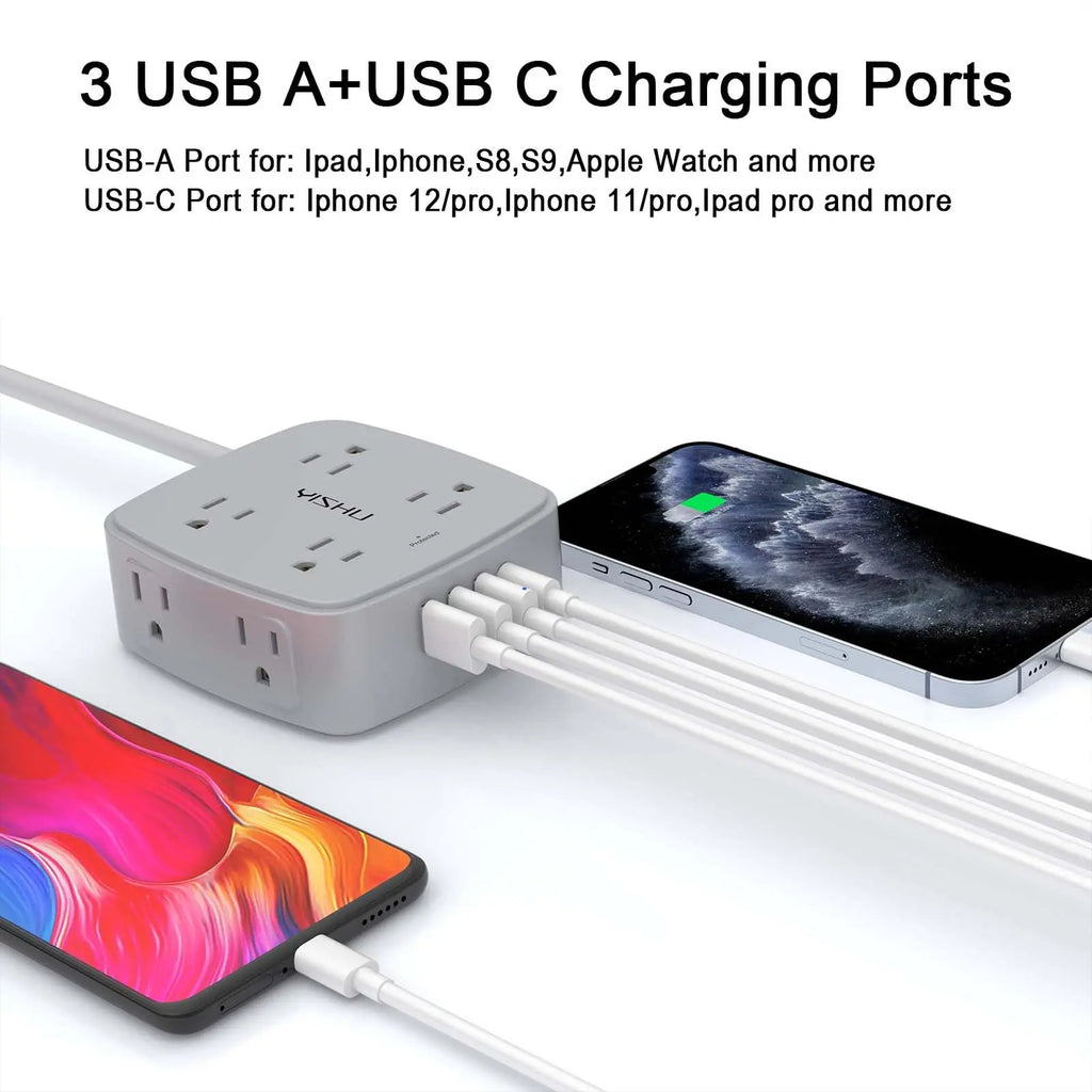 6 Ft Surge Protector Power Strip - 8 Widely Outlets with 4 USB Ports, 3 Side Outlet Extender with 6 Feet Extension Cord, Flat Plug, Wall Mount, Desk USB Charging Station, ETL,White Voltique