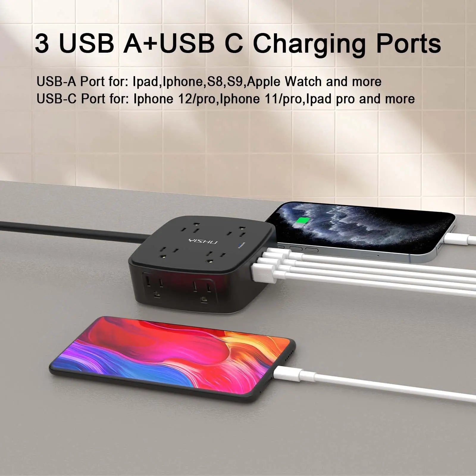 6 Ft Surge Protector Power Strip - 8 Widely Outlets with 4 USB Ports, 3 Side Outlet Extender with 6 Feet Extension Cord, Flat Plug, Wall Mount, Desk USB Charging Station, ETL,White Voltique