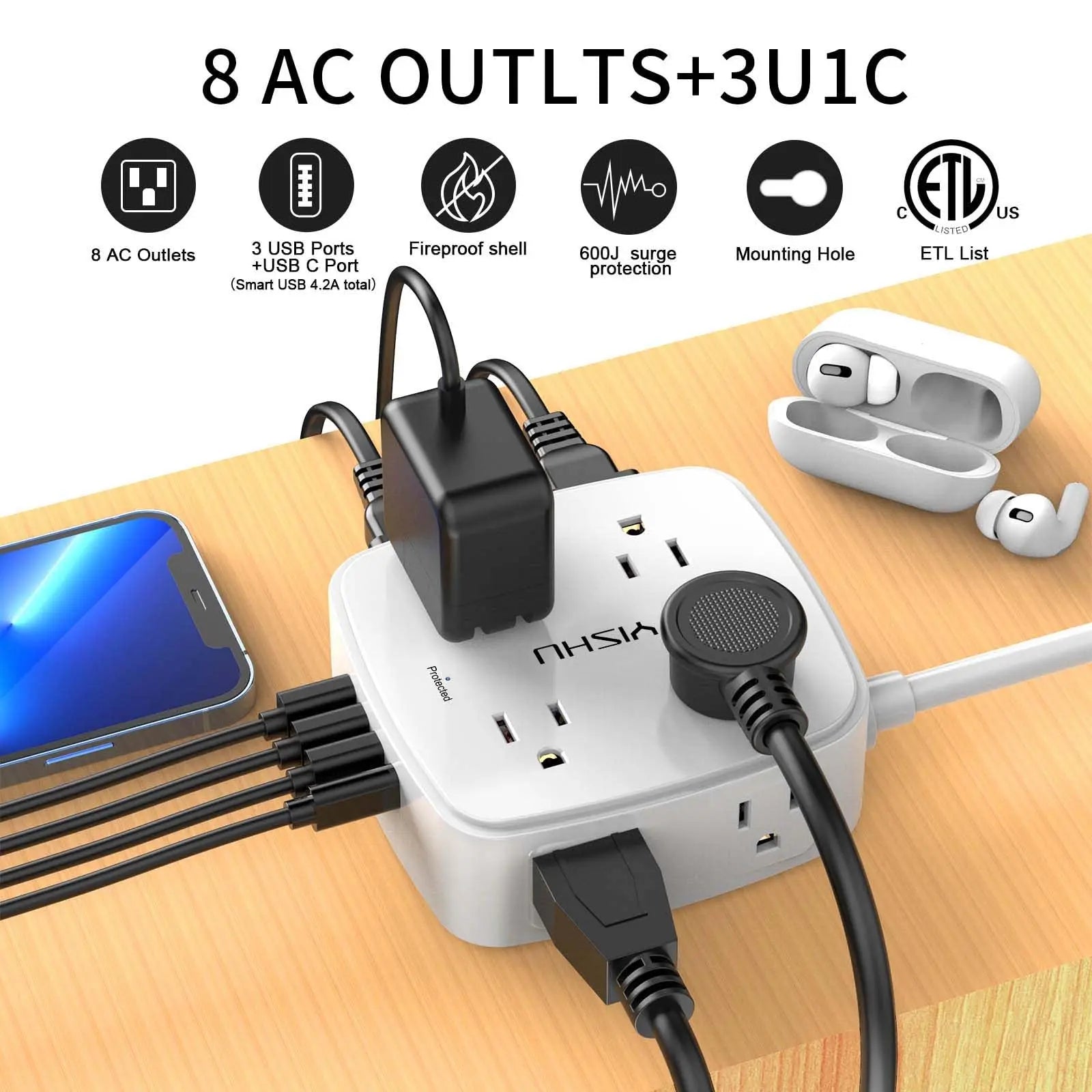 6 Ft Surge Protector Power Strip - 8 Widely Outlets with 4 USB Ports, 3 Side Outlet Extender with 6 Feet Extension Cord, Flat Plug, Wall Mount, Desk USB Charging Station, ETL,White Voltique