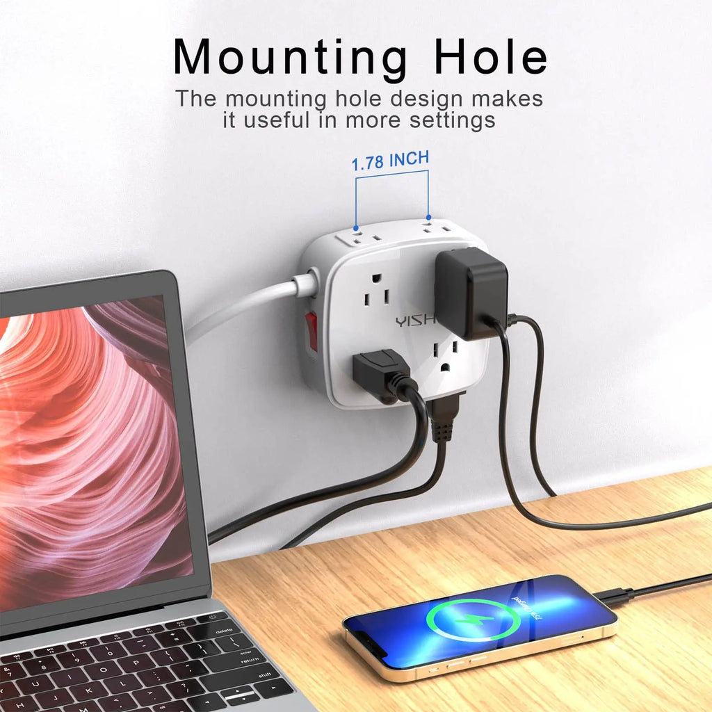 6 Ft Surge Protector Power Strip - 8 Widely Outlets with 4 USB Ports, 3 Side Outlet Extender with 6 Feet Extension Cord, Flat Plug, Wall Mount, Desk USB Charging Station, ETL,White Voltique