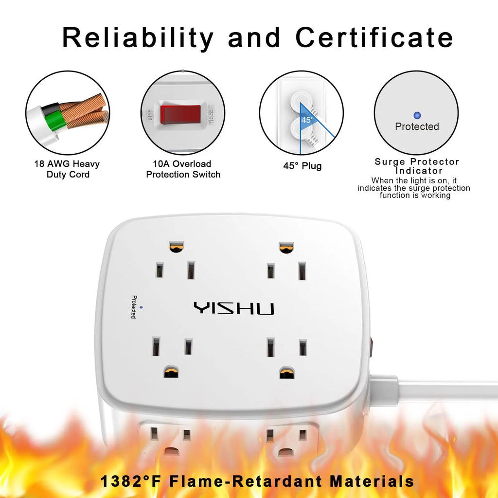 6 Ft Surge Protector Power Strip - 8 Widely Outlets with 4 USB Ports, 3 Side Outlet Extender with 6 Feet Extension Cord, Flat Plug, Wall Mount, Desk USB Charging Station, ETL,White Voltique
