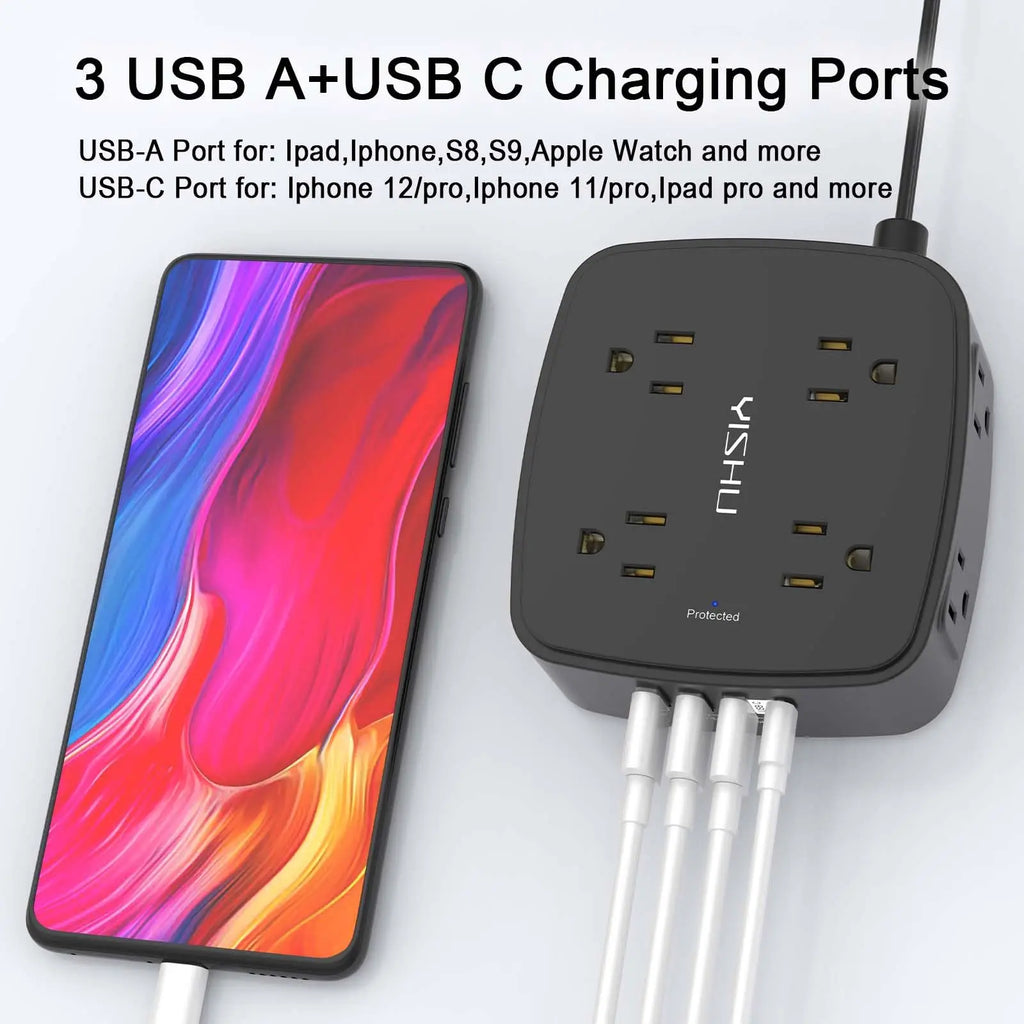 6 Ft Surge Protector Power Strip - 8 Widely Outlets with 4 USB Ports, 3 Side Outlet Extender with 6 Feet Extension Cord, Flat Plug, Wall Mount, Desk USB Charging Station, ETL,White Voltique