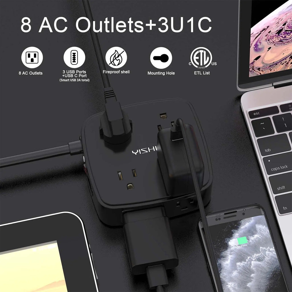 6 Ft Surge Protector Power Strip - 8 Widely Outlets with 4 USB Ports, 3 Side Outlet Extender with 6 Feet Extension Cord, Flat Plug, Wall Mount, Desk USB Charging Station, ETL,White Voltique