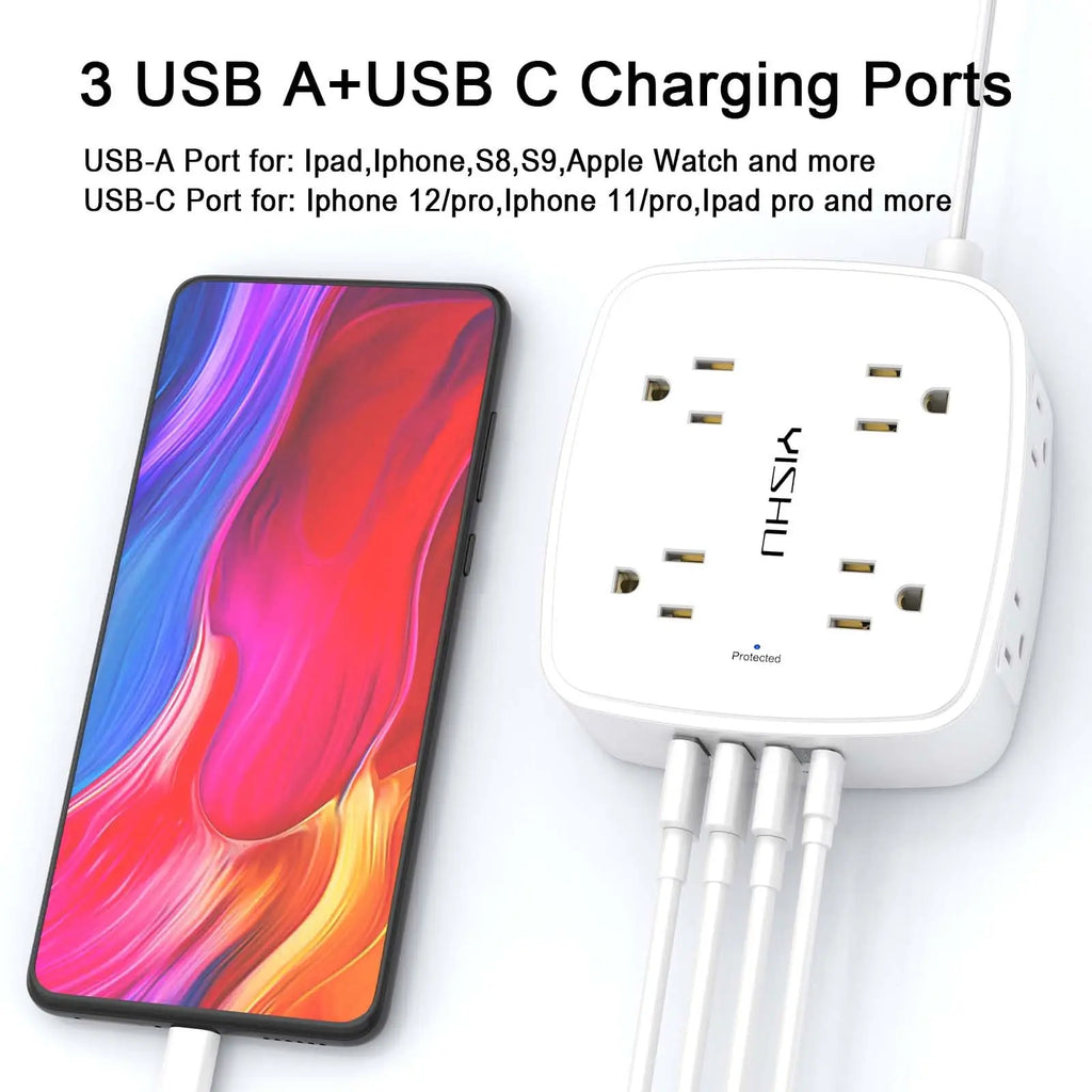 6 Ft Surge Protector Power Strip - 8 Widely Outlets with 4 USB Ports, 3 Side Outlet Extender with 6 Feet Extension Cord, Flat Plug, Wall Mount, Desk USB Charging Station, ETL,White Voltique