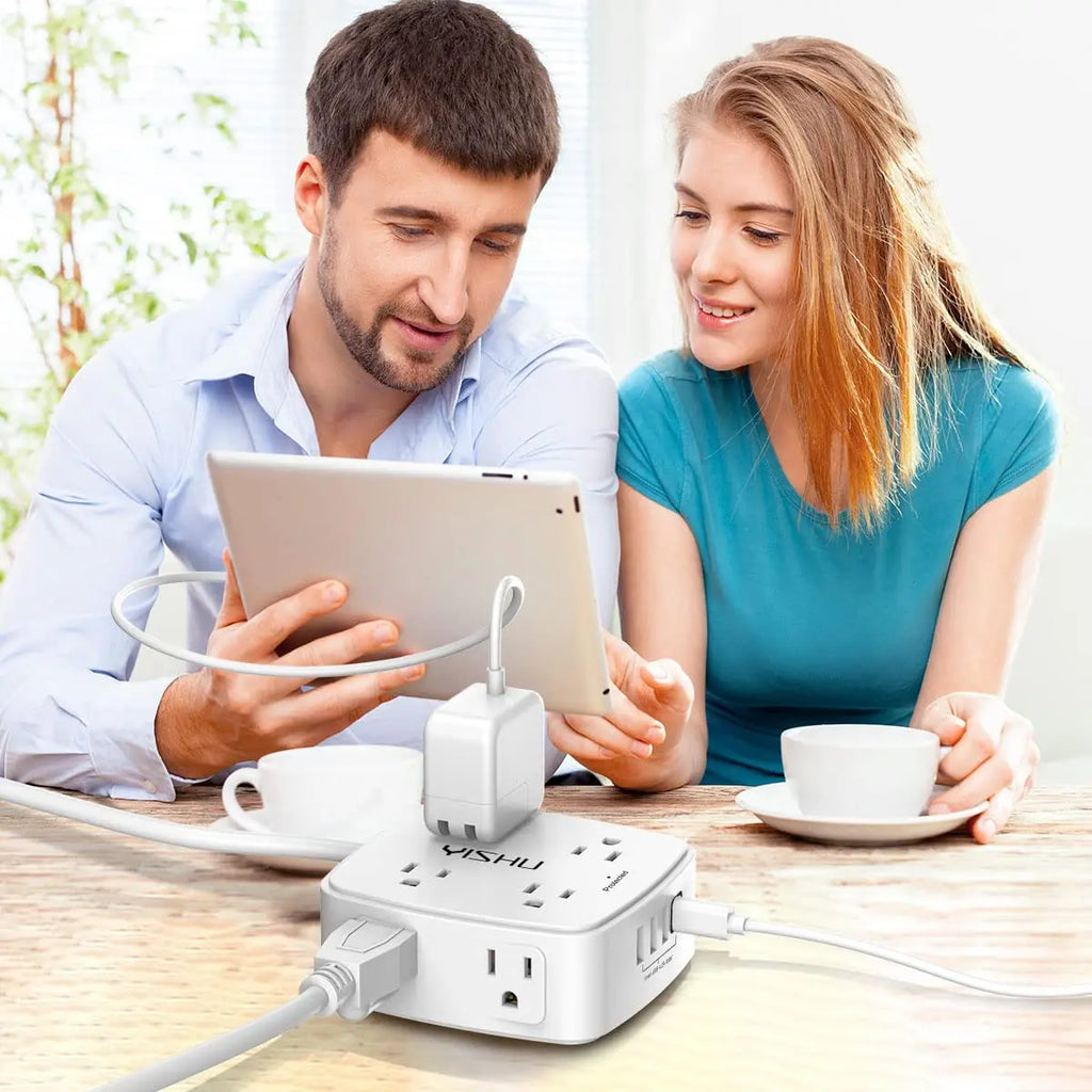 6 Ft Surge Protector Power Strip - 8 Widely Outlets with 4 USB Ports, 3 Side Outlet Extender with 6 Feet Extension Cord, Flat Plug, Wall Mount, Desk USB Charging Station, ETL,White Voltique