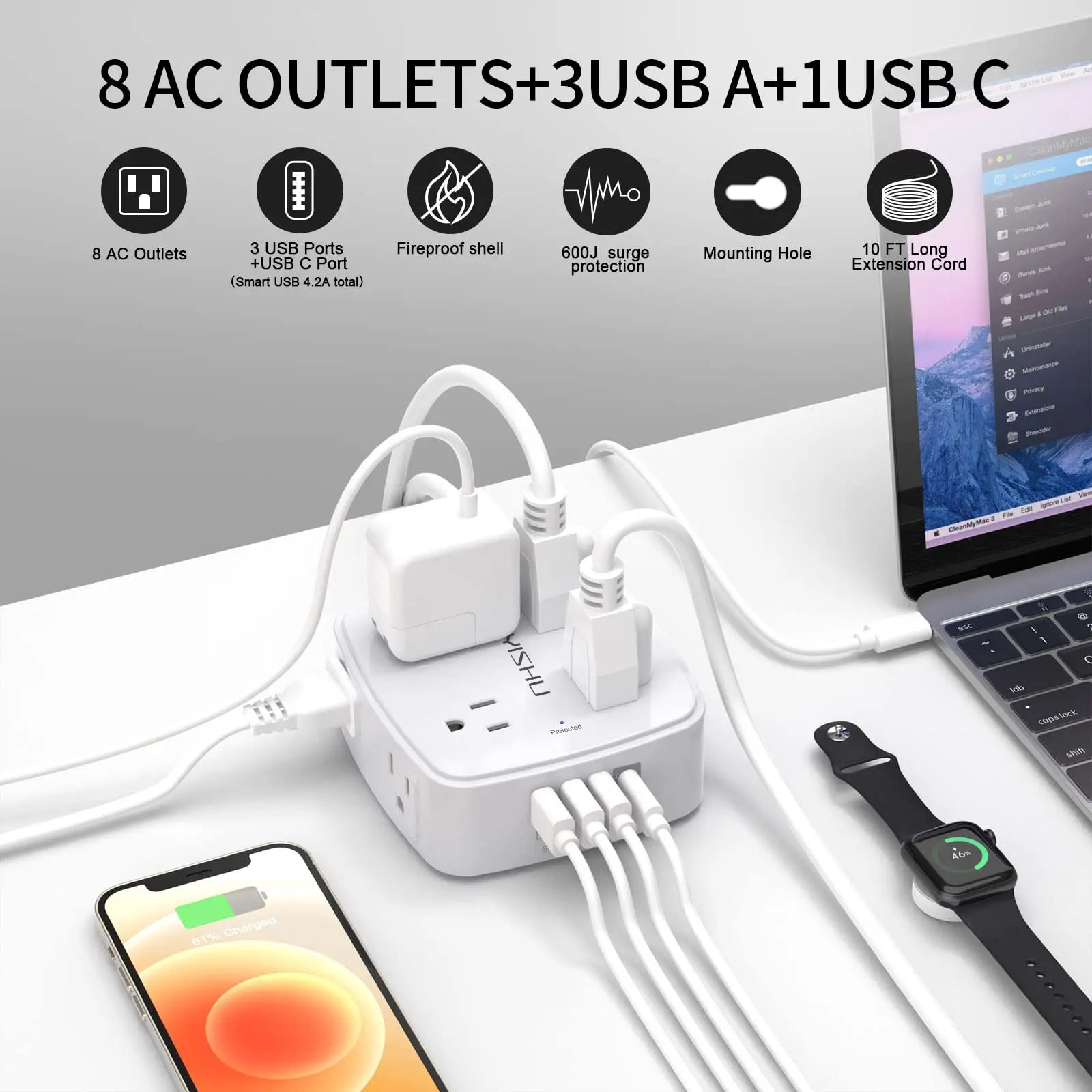 6 Ft Surge Protector Power Strip - 8 Widely Outlets with 4 USB Ports, 3 Side Outlet Extender with 6 Feet Extension Cord, Flat Plug, Wall Mount, Desk USB Charging Station, ETL,White Voltique